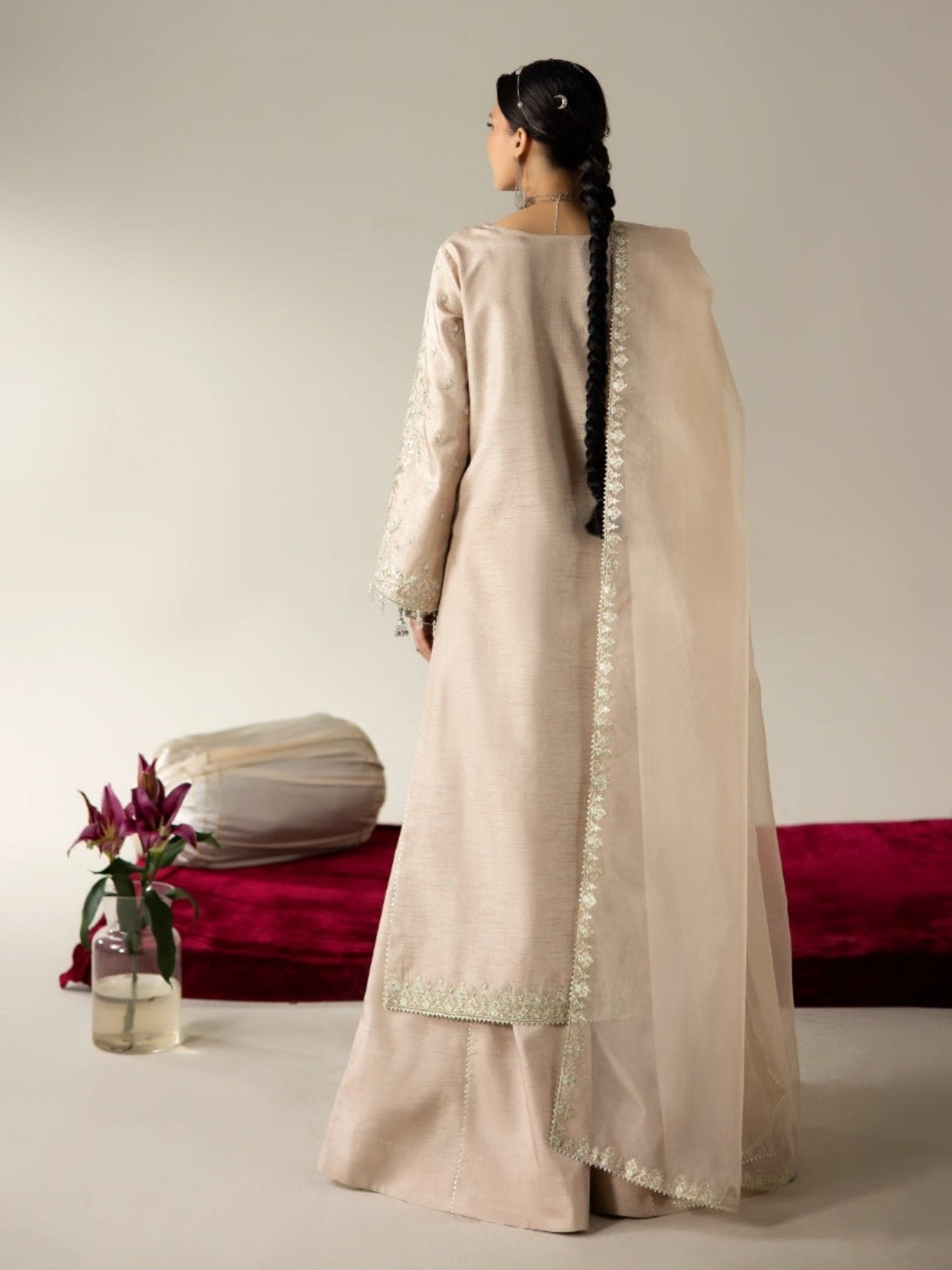 Beige Enzo Lune Des Fleurs Korean Raw Silk Embroidered Stitched 3-Piece Suit-Reina
