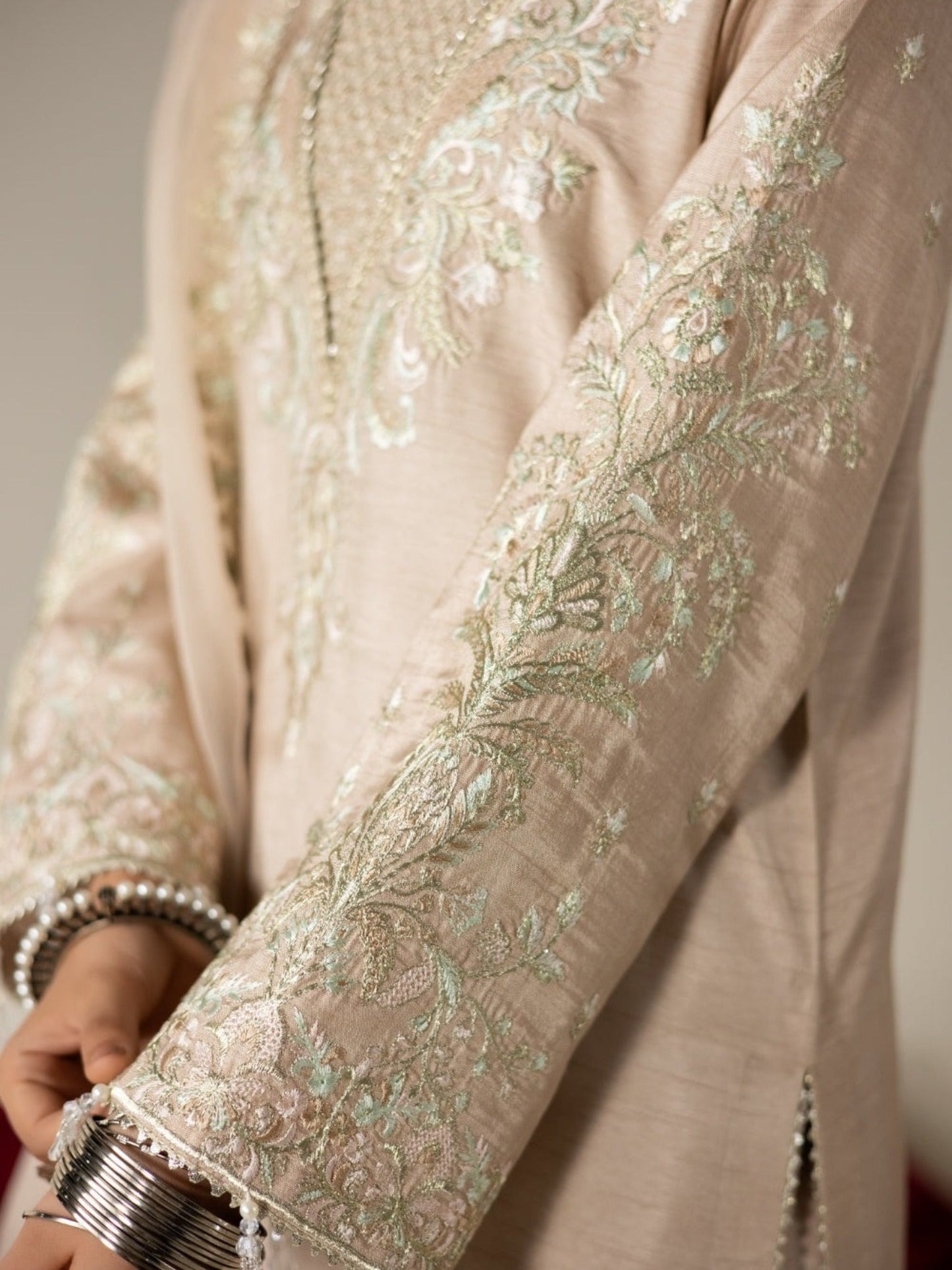 Beige Enzo Lune Des Fleurs Korean Raw Silk Embroidered Unstitched 3-Piece Suit-Reina