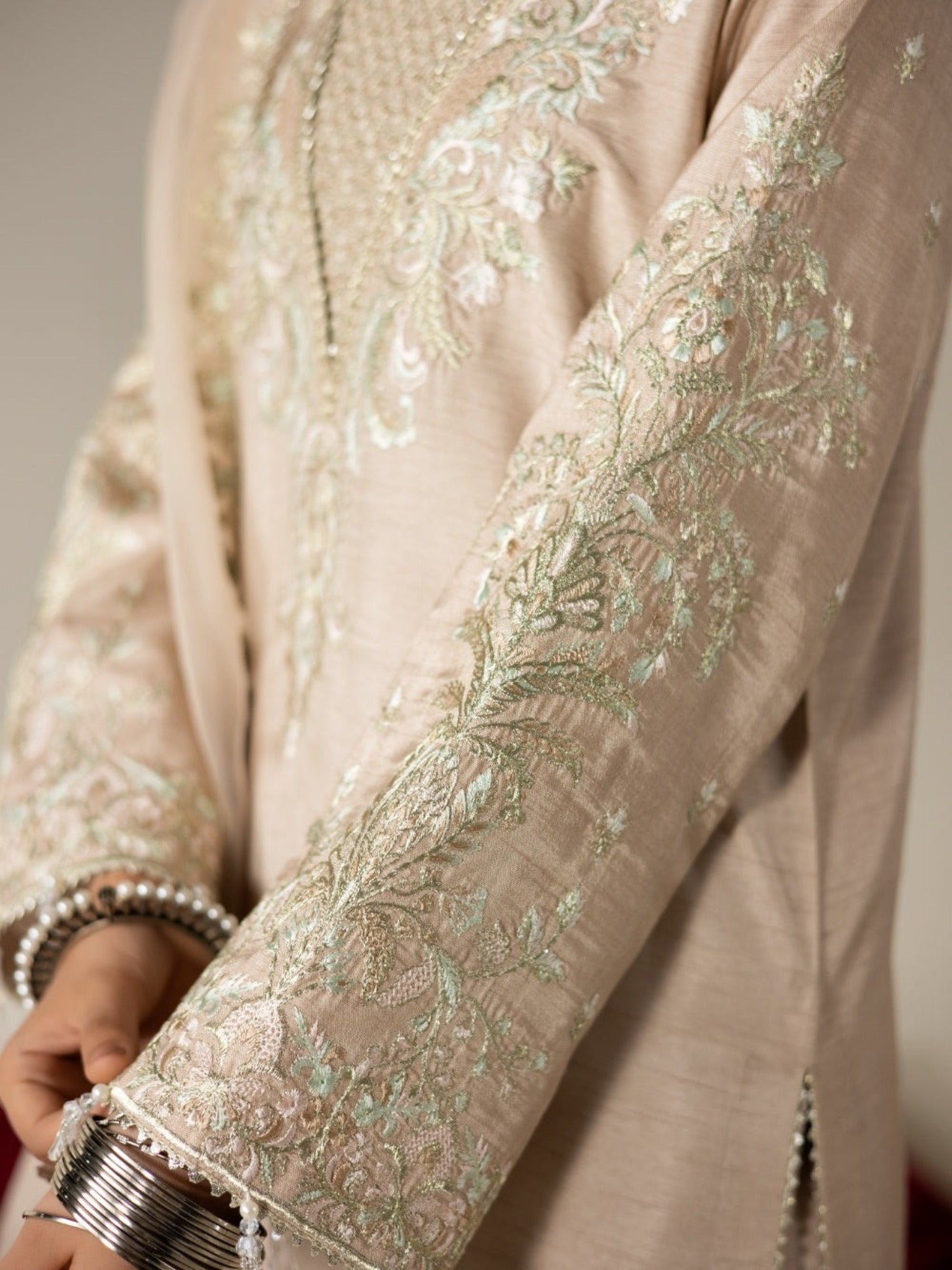Beige Enzo Lune Des Fleurs Korean Raw Silk Embroidered Unstitched 3-Piece Suit-Reina