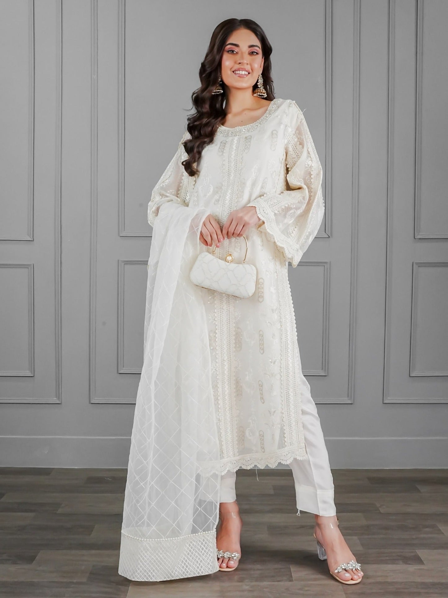 White Manahil Arts Khaadi Net Embroidered Stitched 3-Piece Suit-Pearl Essence