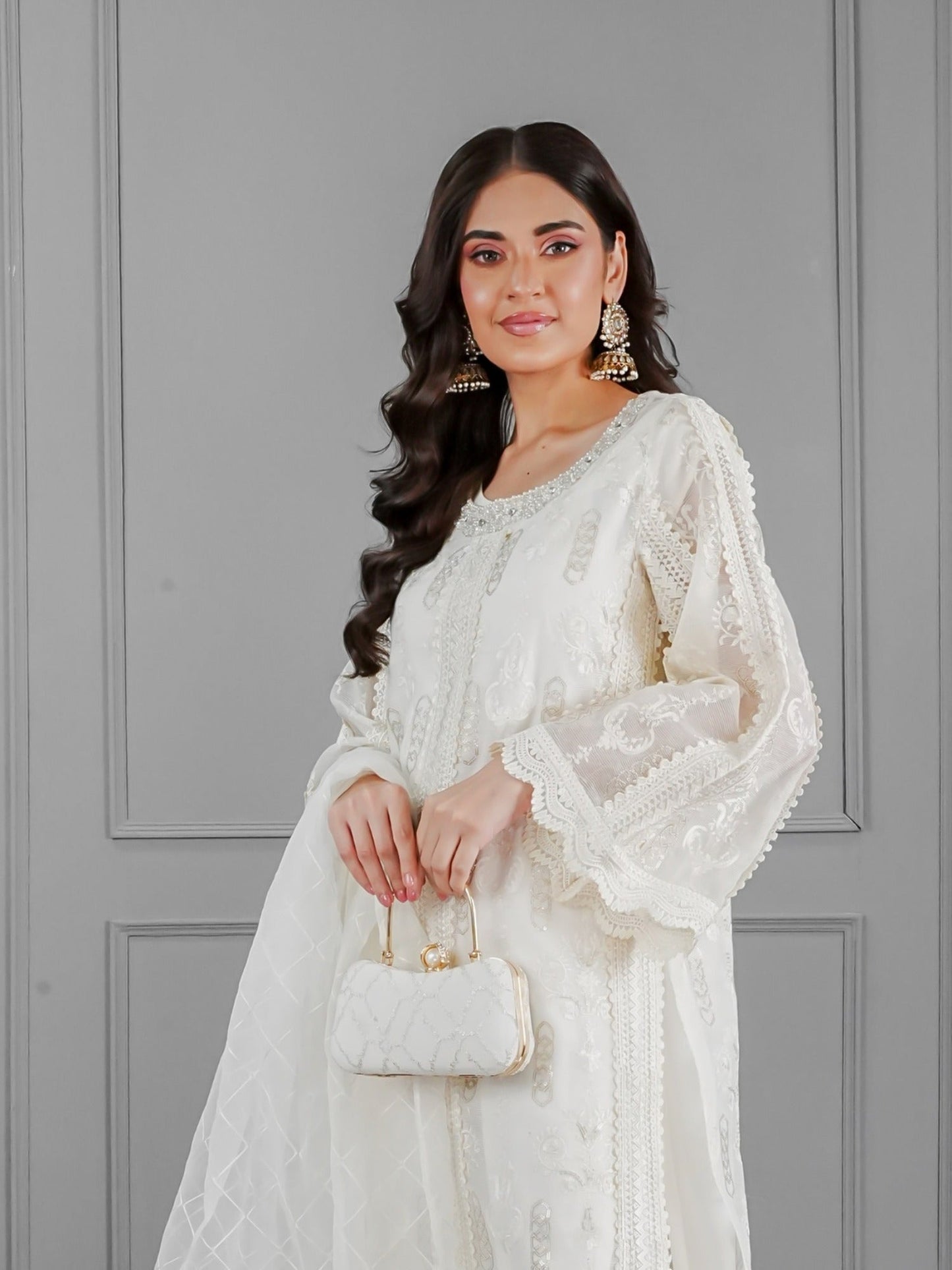 White Manahil Arts Khaadi Net Embroidered Stitched 3-Piece Suit-Pearl Essence