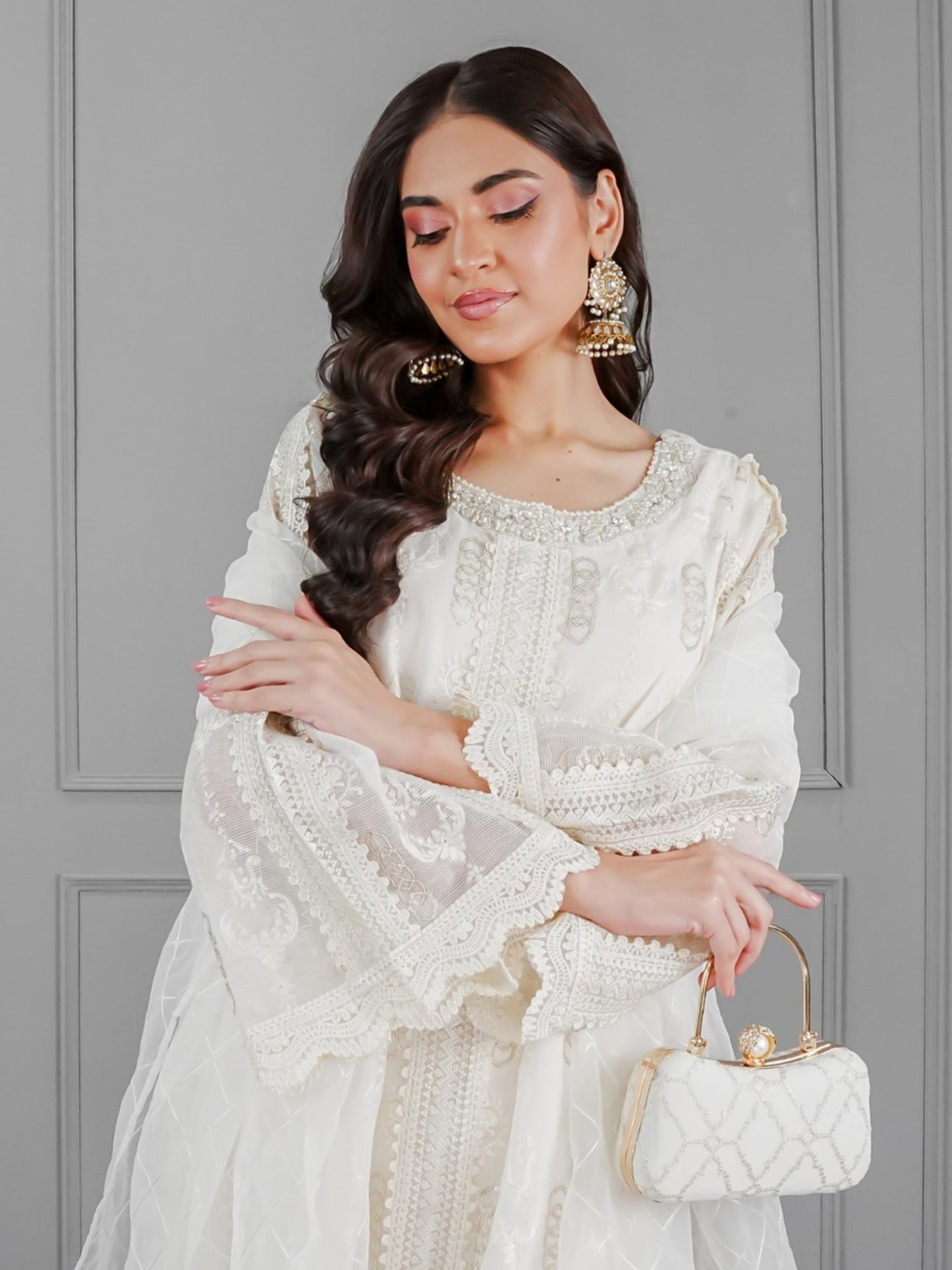 White Manahil Arts Khaadi Net Embroidered Stitched 3-Piece Suit-Pearl Essence
