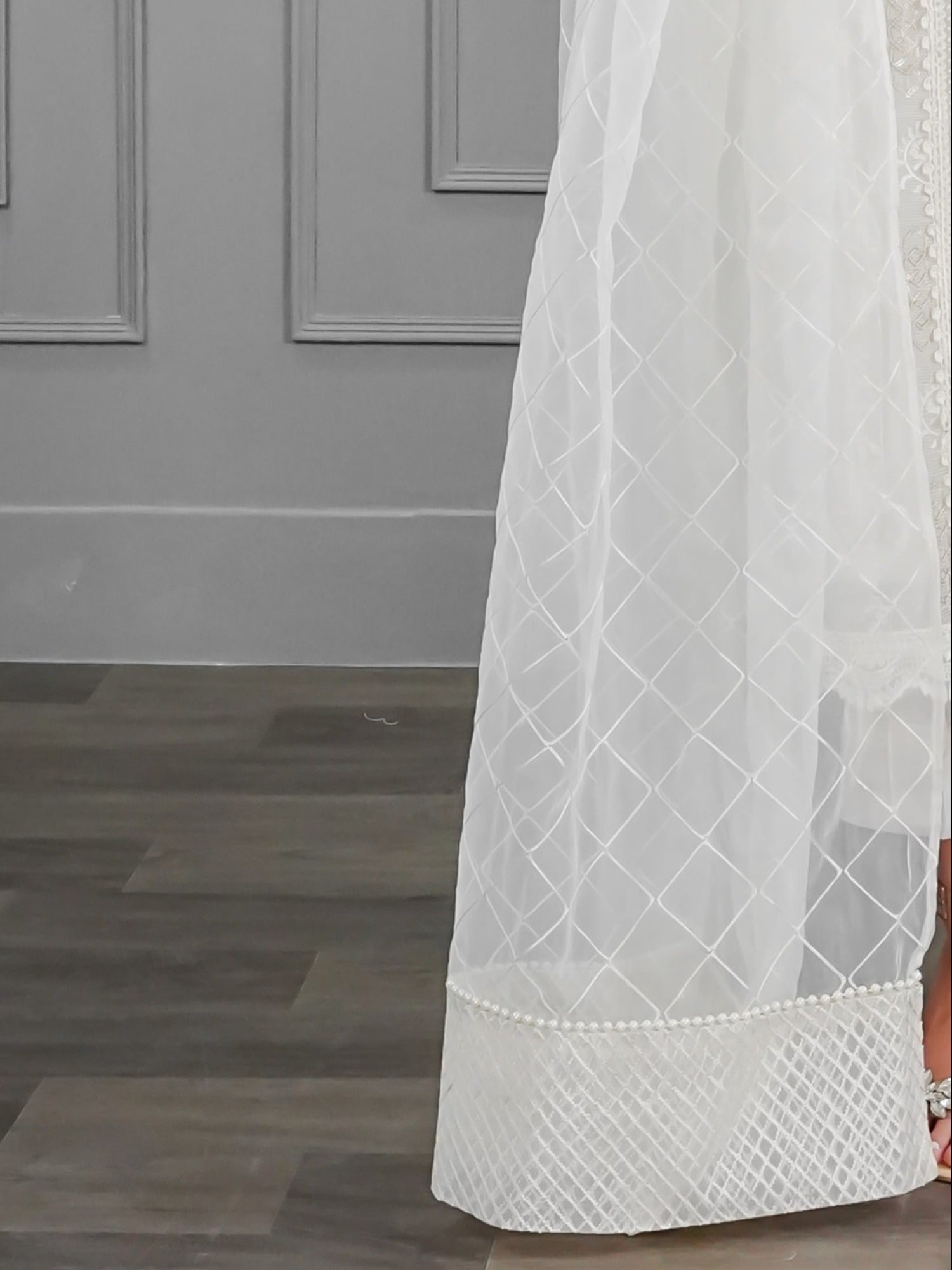 White Manahil Arts Khaadi Net Embroidered Stitched 3-Piece Suit-Pearl Essence