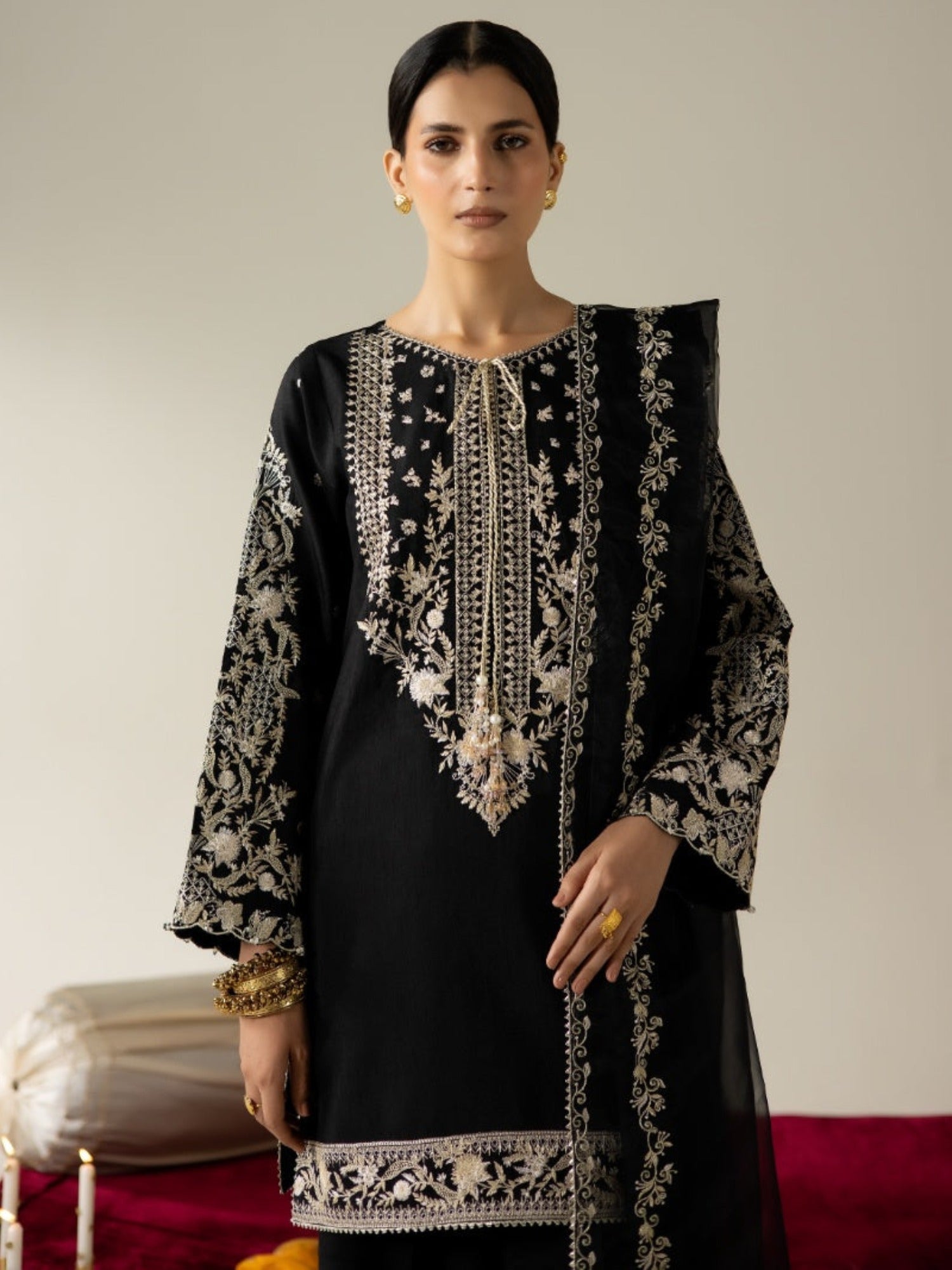 Black Enzo Lune Des Fleurs Korean Raw Silk Embroidered Stitched 3-Piece Suit-Mavros