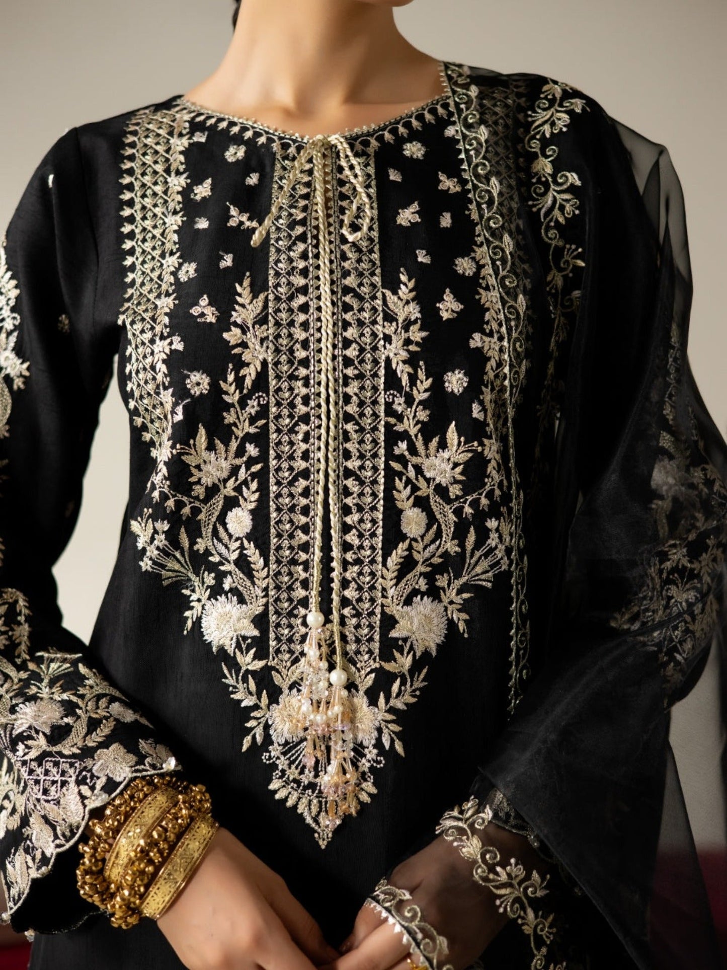 Black Enzo Lune Des Fleurs Korean Raw Silk Embroidered Unstitched 3-Piece Suit-Mavros