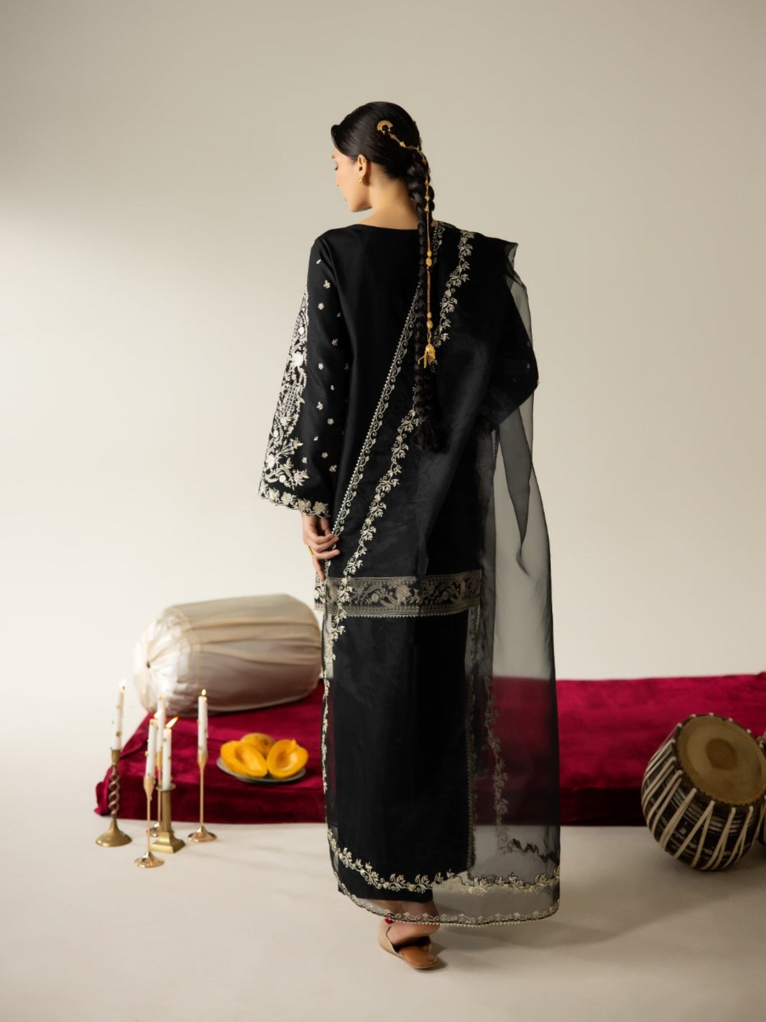 Black Enzo Lune Des Fleurs Korean Raw Silk Embroidered Unstitched 3-Piece Suit-Mavros