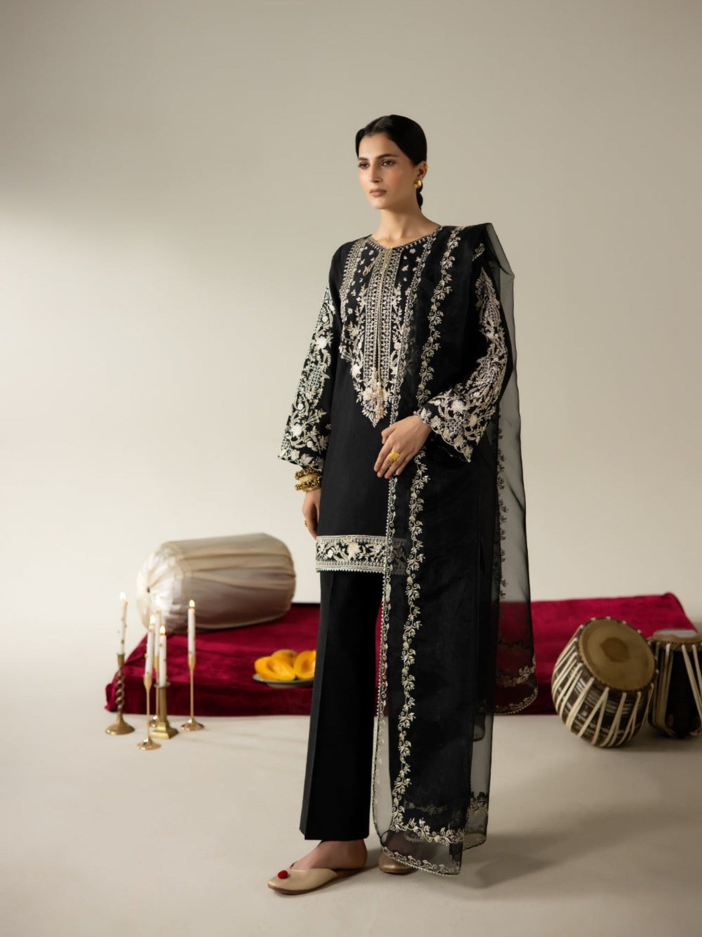 Black Enzo Lune Des Fleurs Korean Raw Silk Embroidered Stitched 3-Piece Suit-Mavros