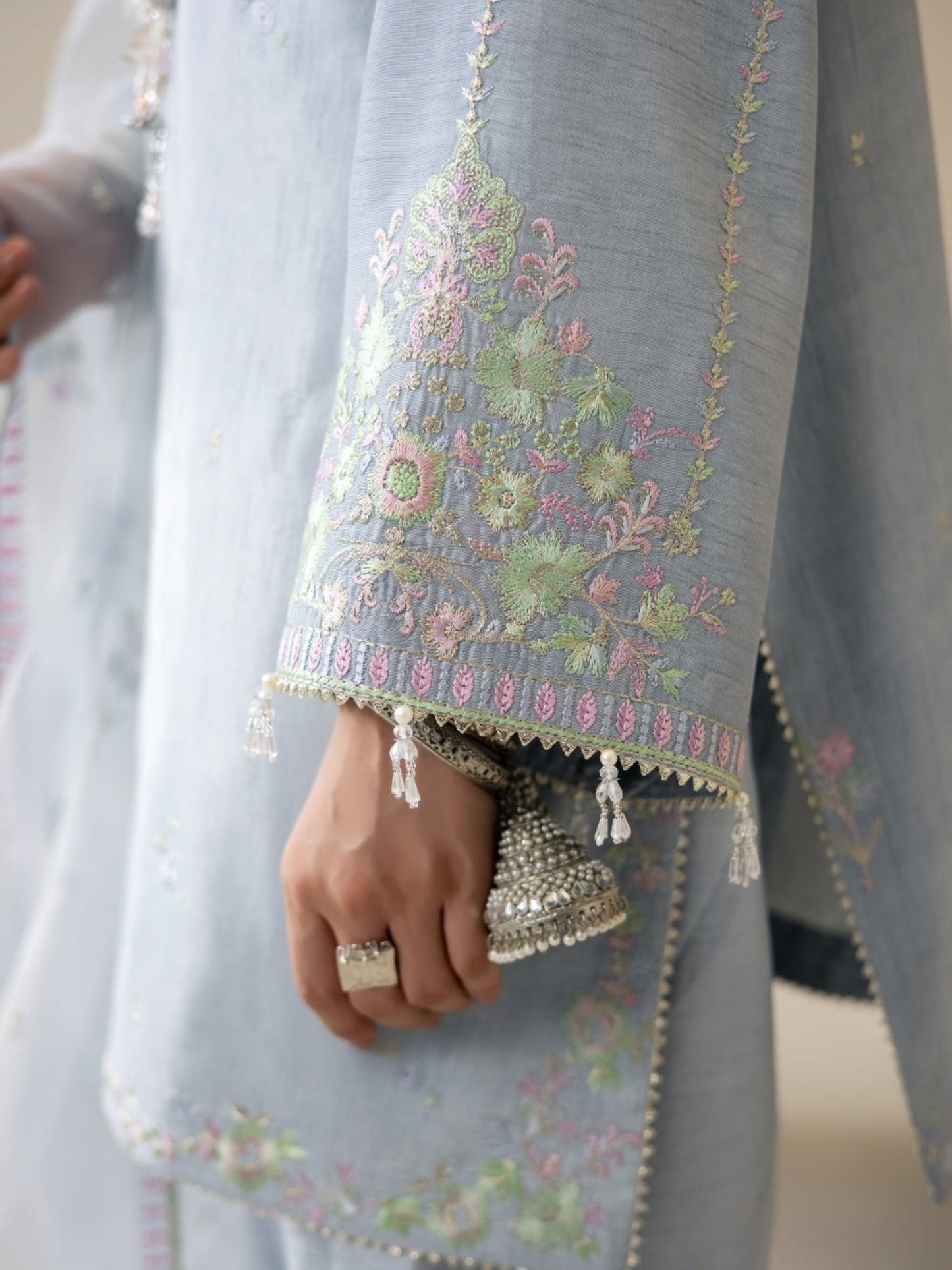 Blue Enzo Lune Des Fleurs Korean Raw Silk Embroidered Unstitched 3-Piece Suit-Esme