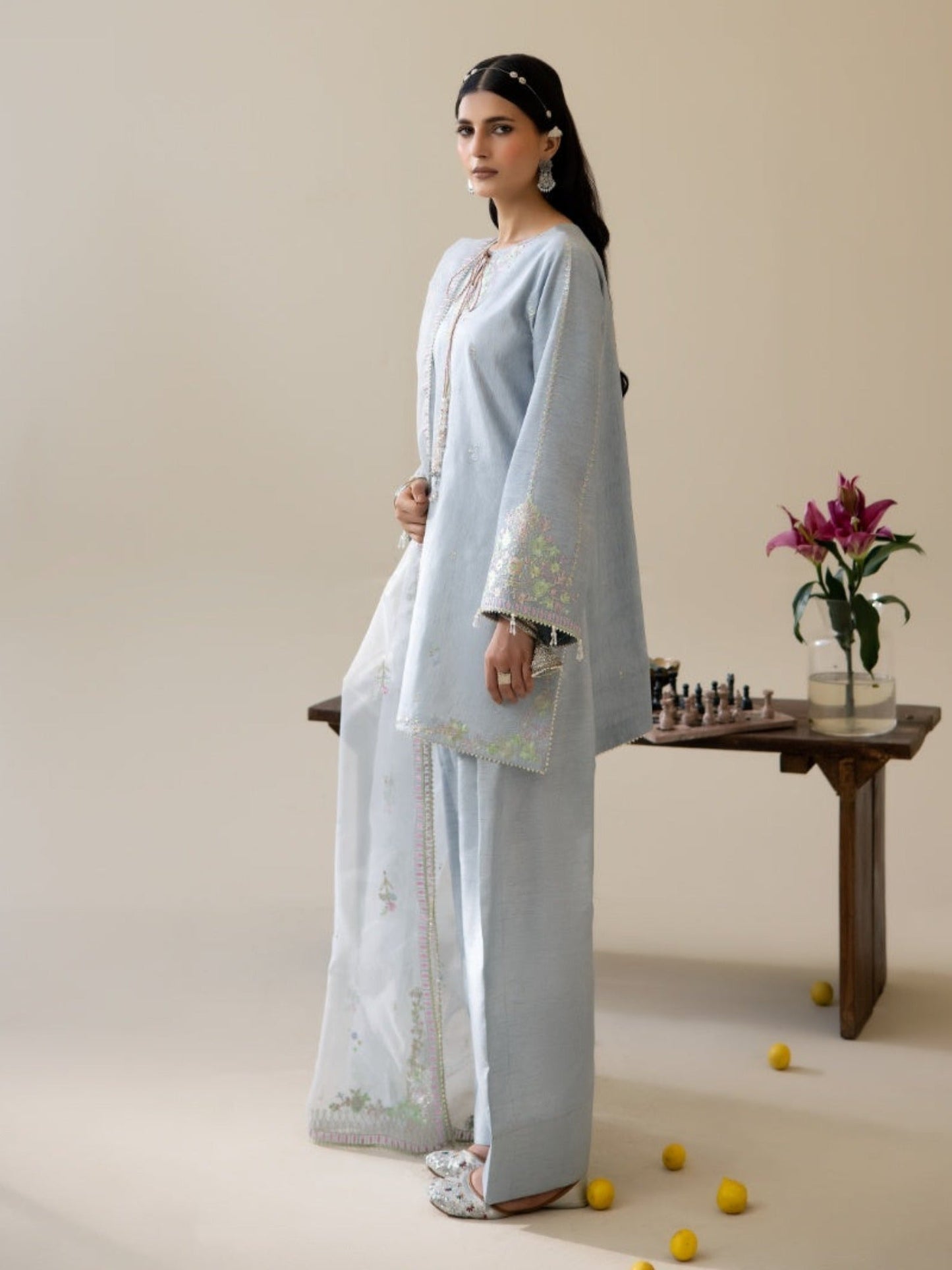 Blue Enzo Lune Des Fleurs Korean Raw Silk Embroidered Unstitched 3-Piece Suit-Esme