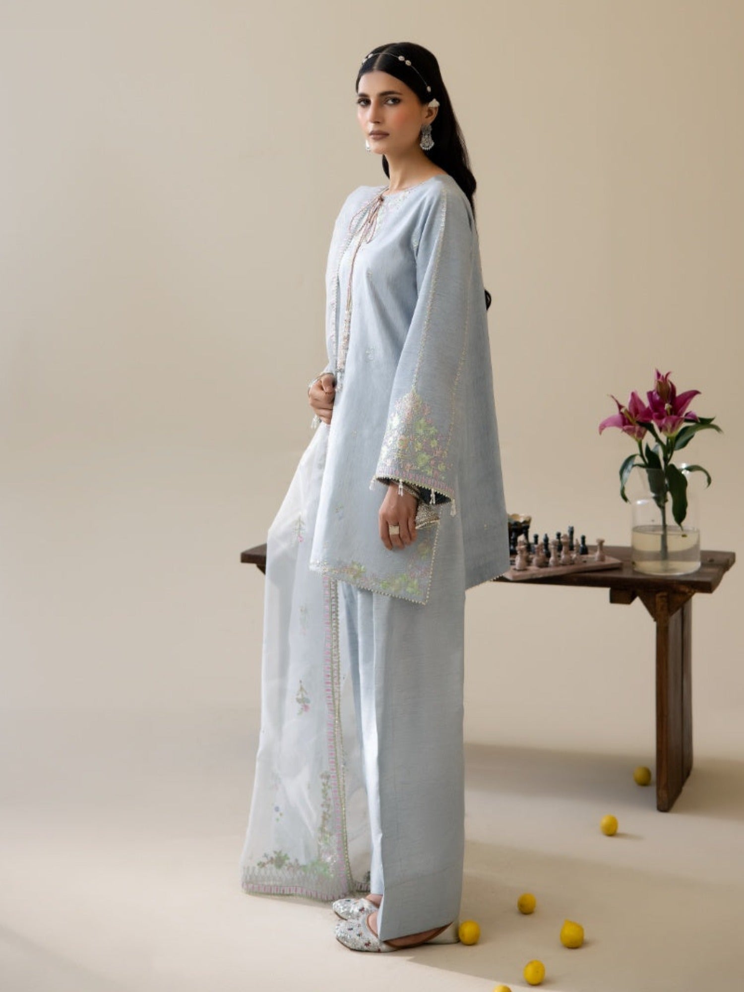 Blue Enzo Lune Des Fleurs Korean Raw Silk Embroidered Unstitched 3-Piece Suit-Esme