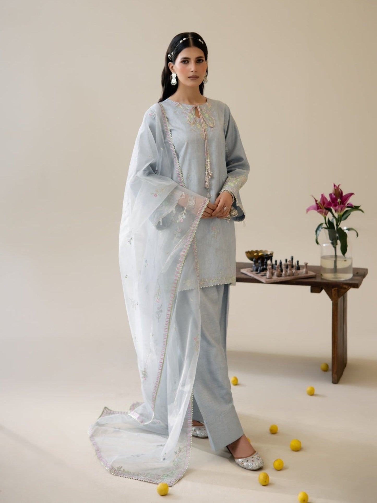 Blue Enzo Lune Des Fleurs Korean Raw Silk Embroidered Unstitched 3-Piece Suit-Esme