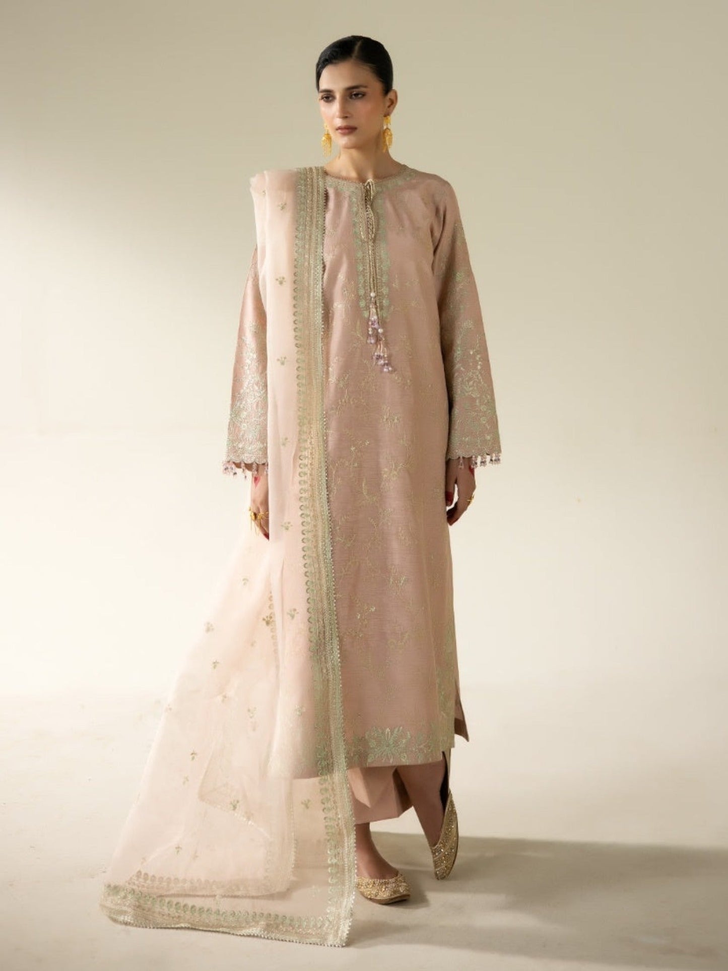 Peach Enzo Lune Des Fleurs Korean Raw Silk Embroidered Stitched 3-Piece Suit-Vaila