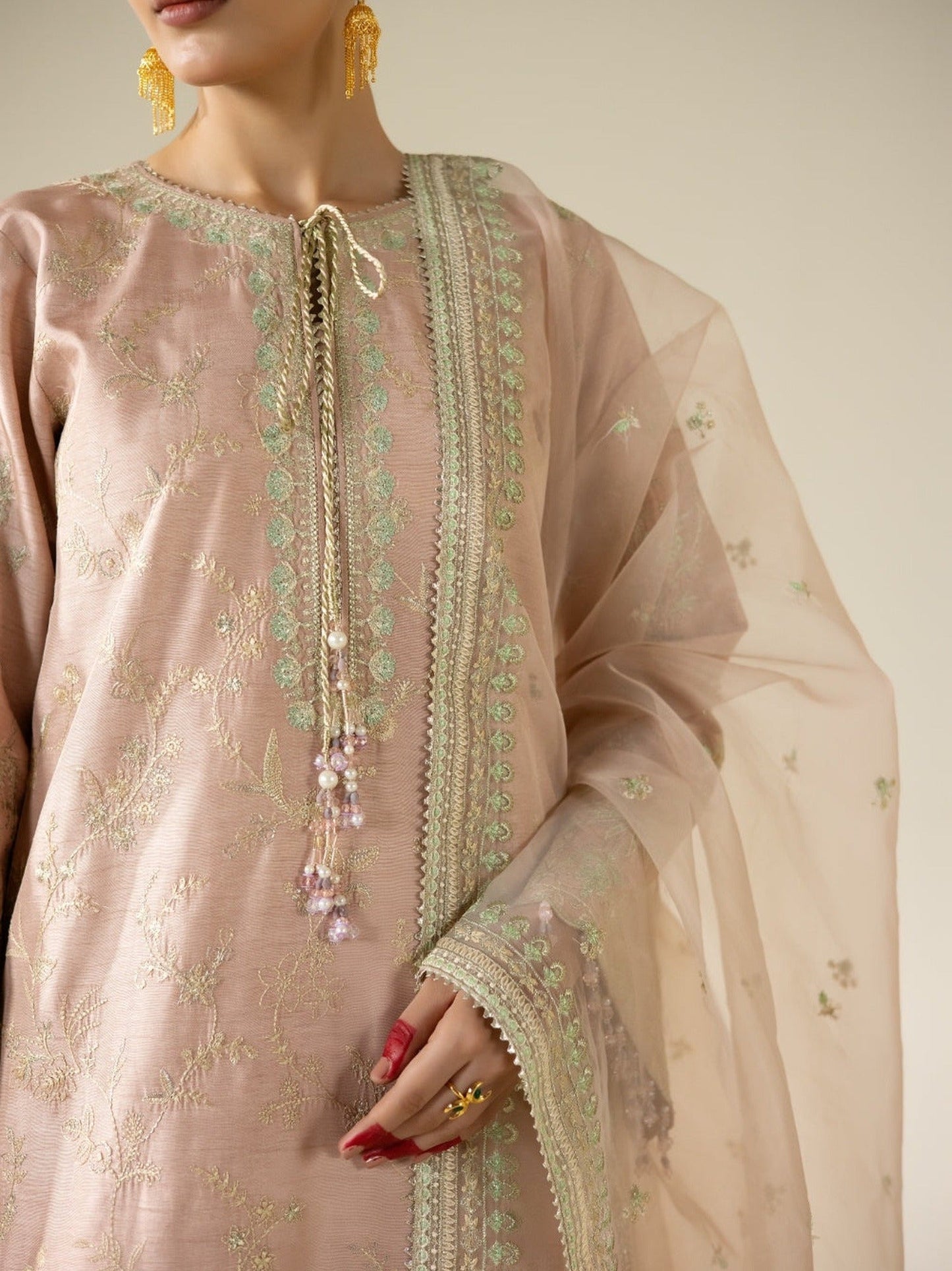 Peach Enzo Lune Des Fleurs Korean Raw Silk Embroidered Stitched 3-Piece Suit-Vaila
