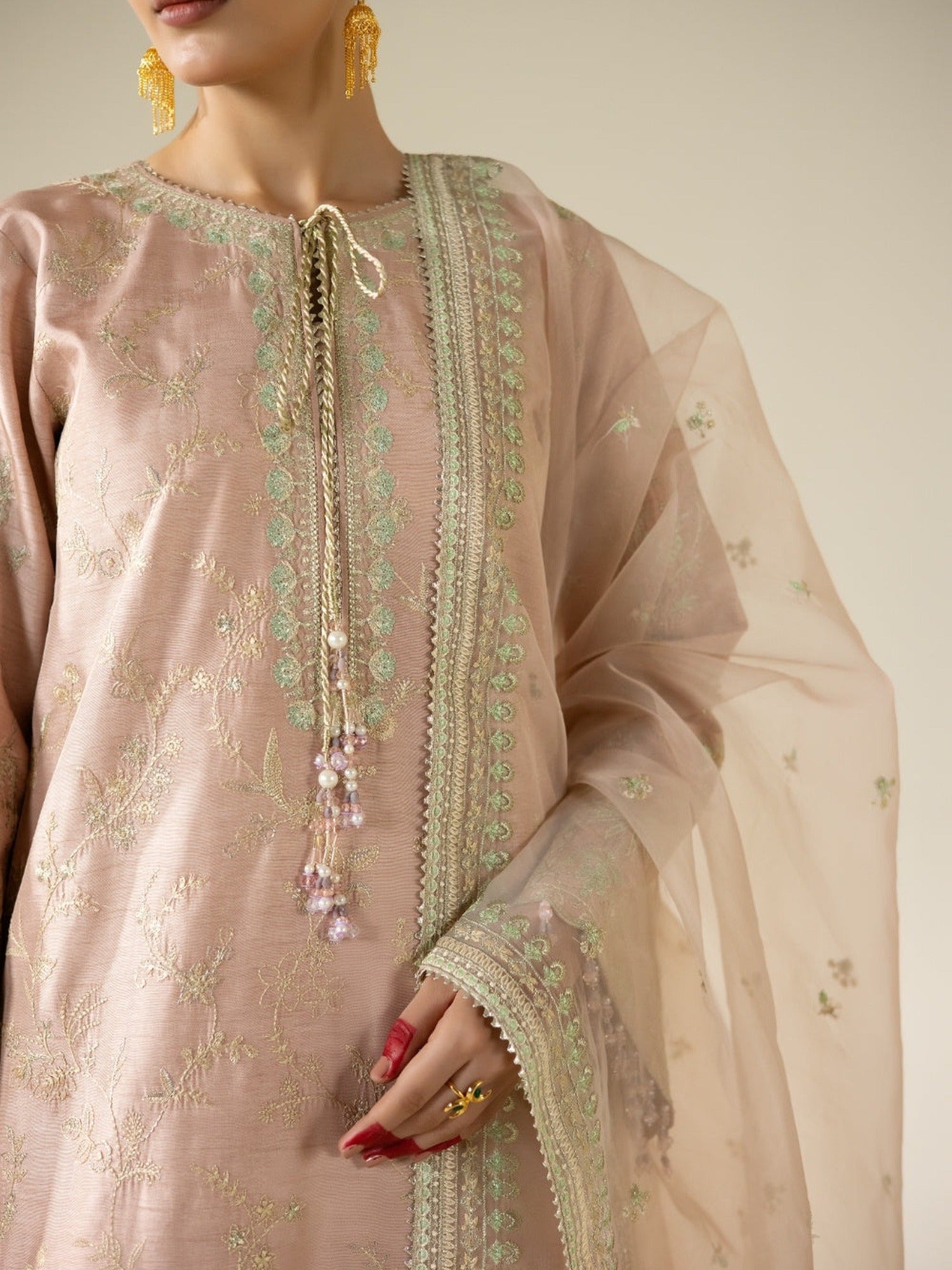 Peach Enzo Lune Des Fleurs Korean Raw Silk Embroidered Stitched 3-Piece Suit-Vaila