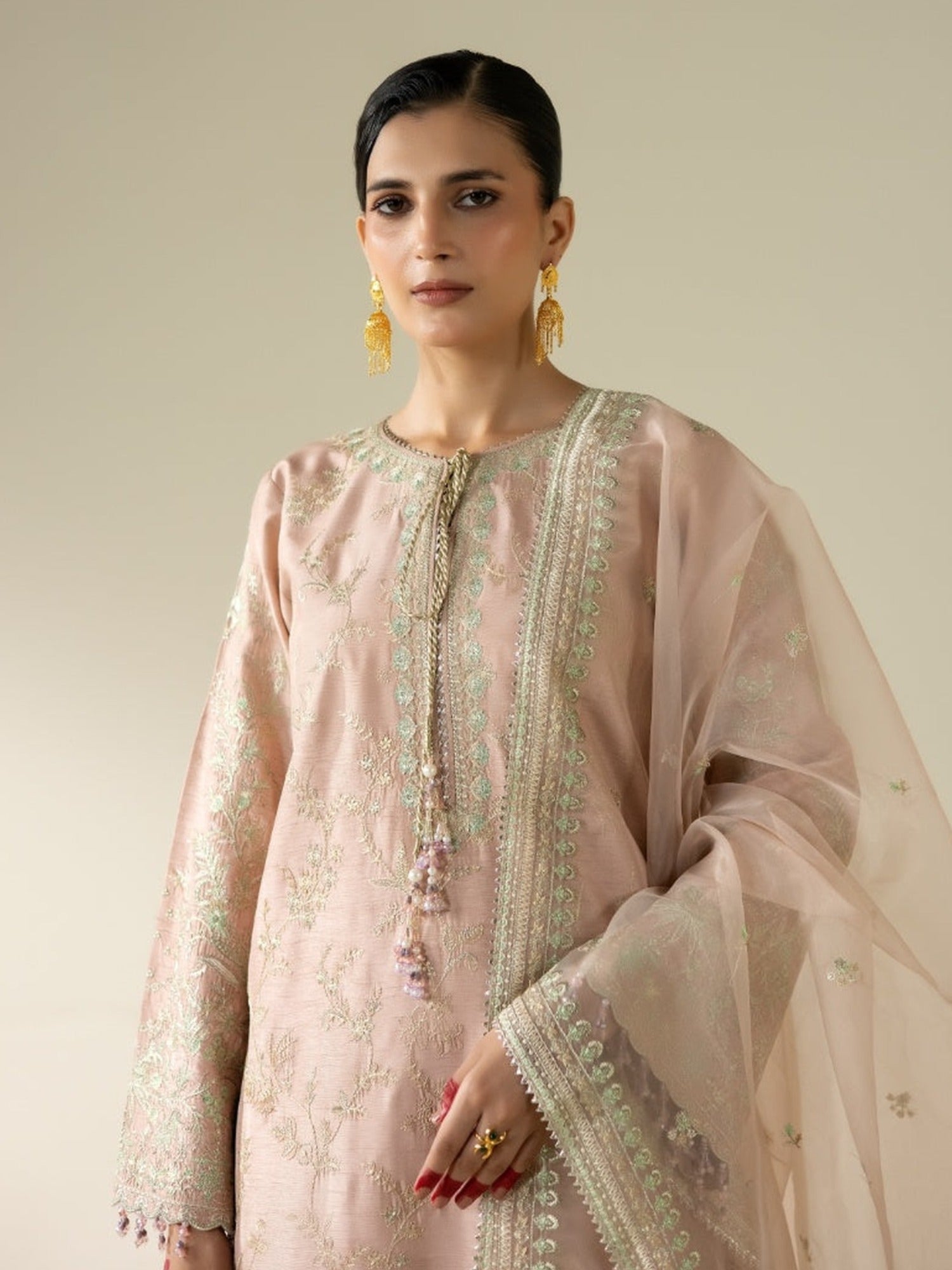 Peach Enzo Lune Des Fleurs Korean Raw Silk Embroidered Stitched 3-Piece Suit-Vaila