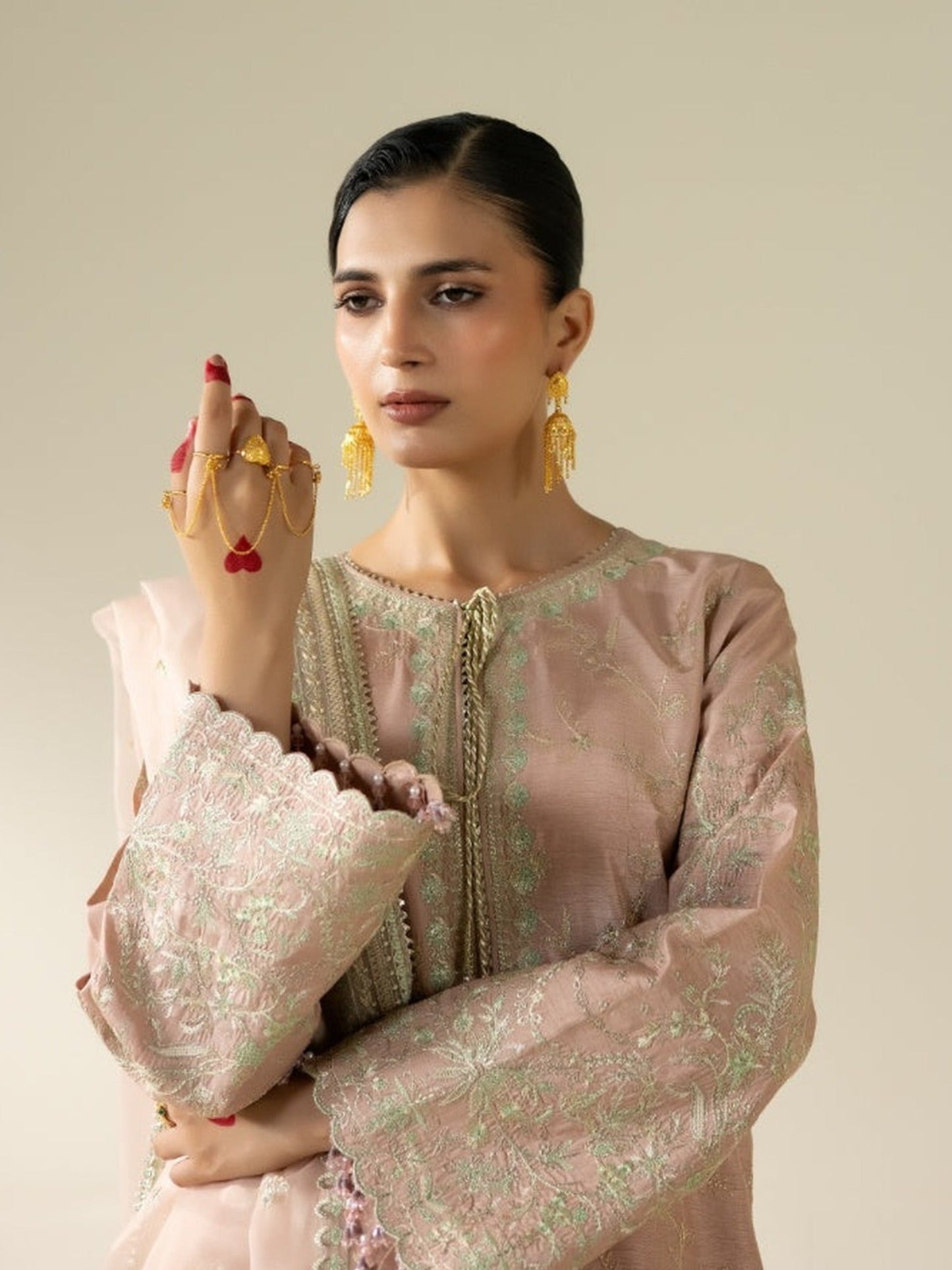 Peach Enzo Lune Des Fleurs Korean Raw Silk Embroidered Stitched 3-Piece Suit-Vaila