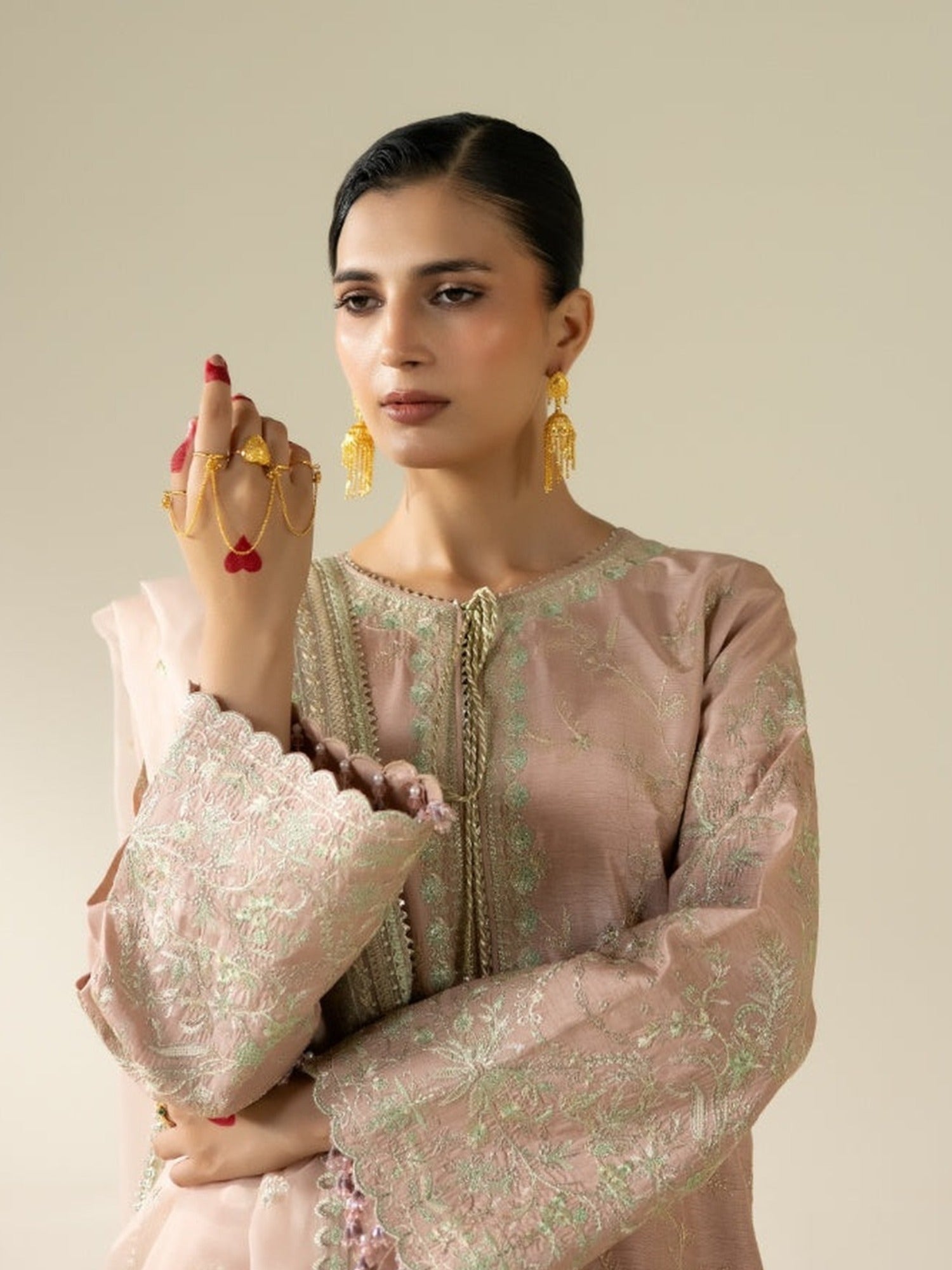 Peach Enzo Lune Des Fleurs Korean Raw Silk Embroidered Stitched 3-Piece Suit-Vaila