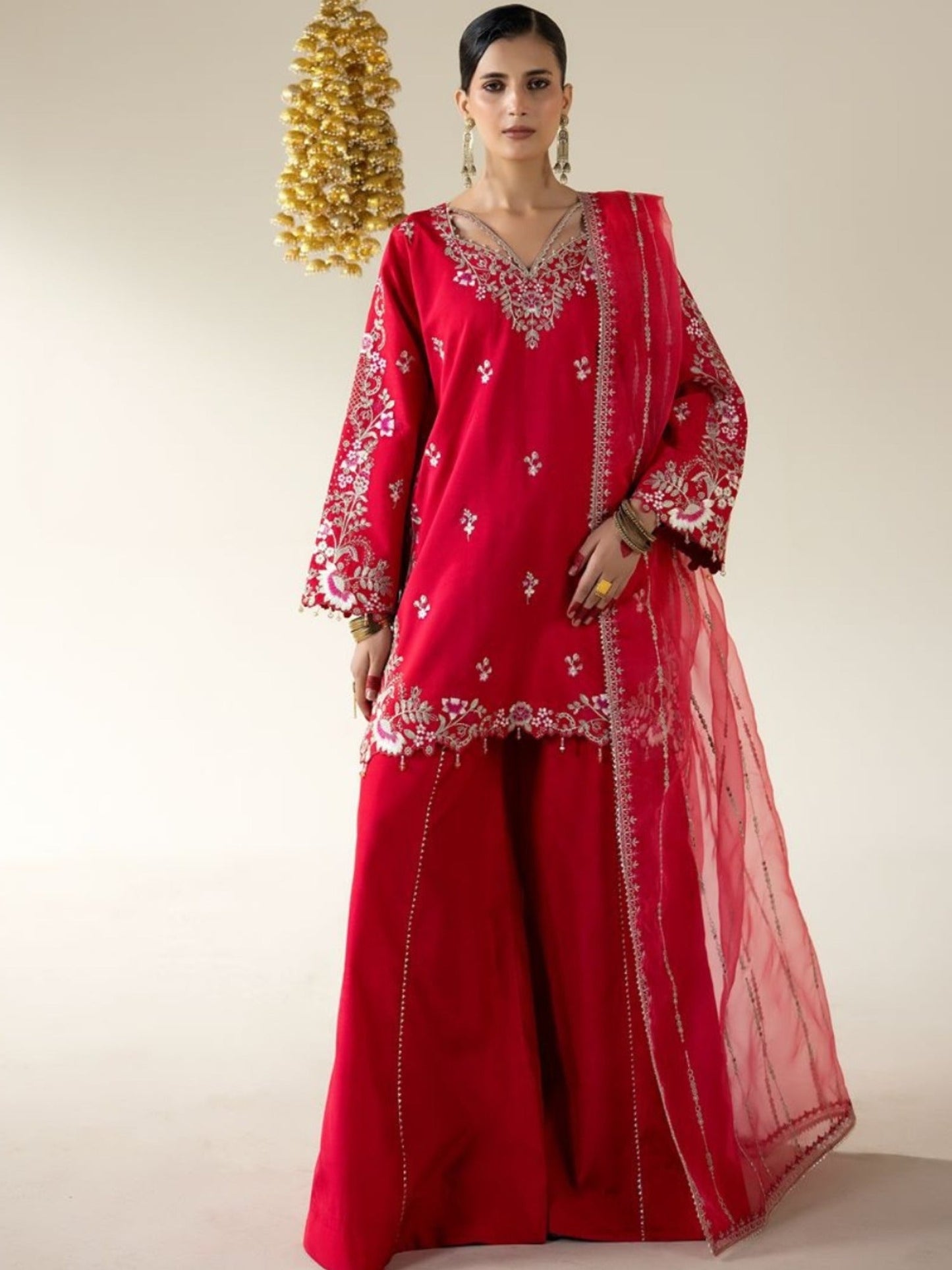 Pink Enzo Lune Des Fleurs Korean Raw Silk Embroidered Stitched 3-Piece Suit-Merlot