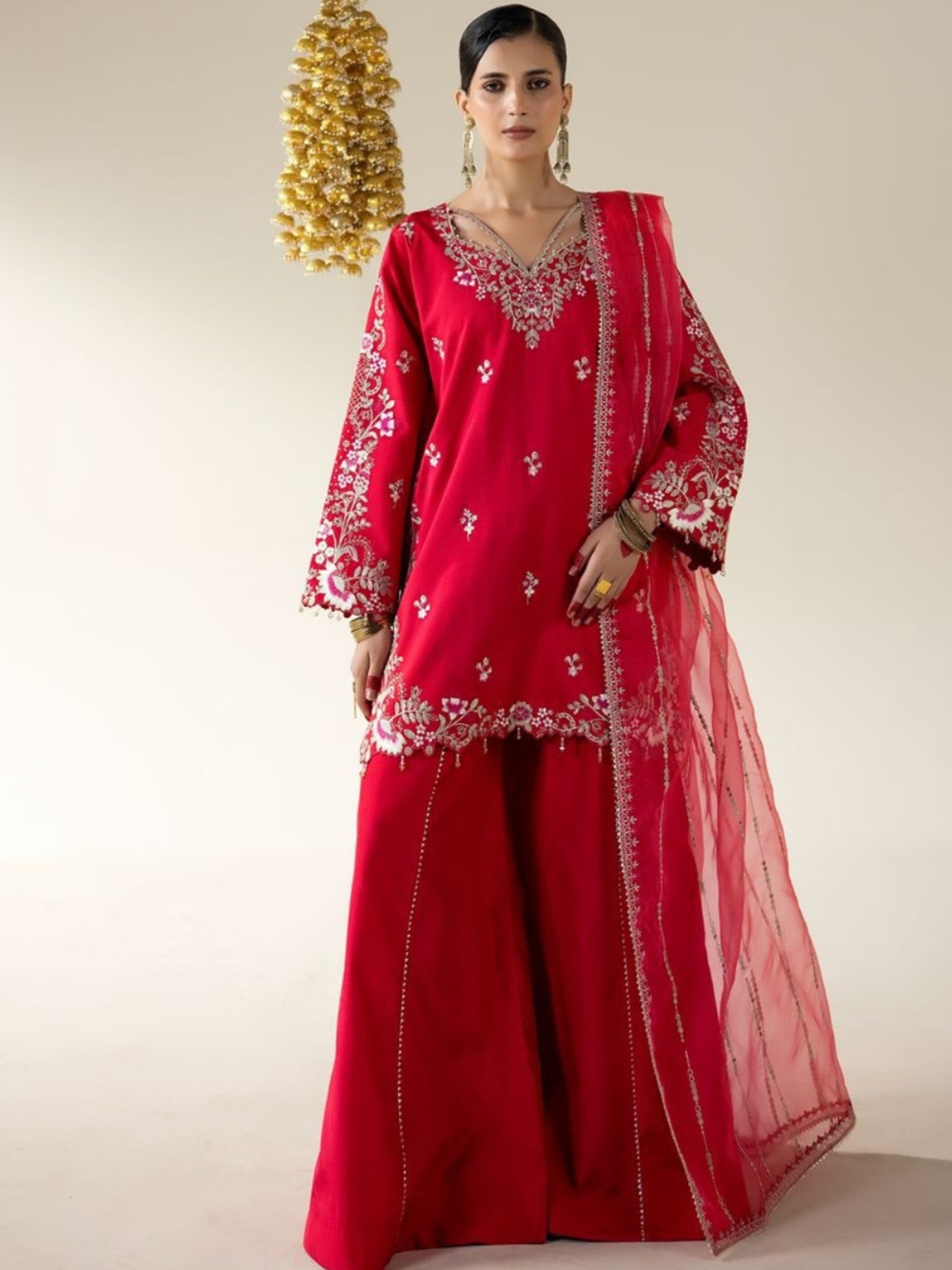 Pink Enzo Lune Des Fleurs Korean Raw Silk Embroidered Stitched 3-Piece Suit-Merlot