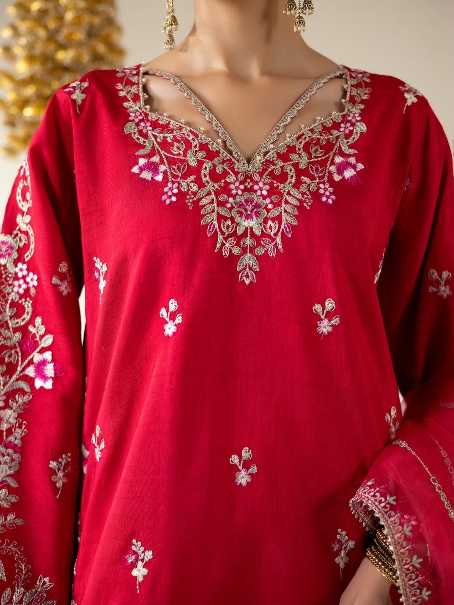 Pink Enzo Lune Des Fleurs Korean Raw Silk Embroidered Stitched 3-Piece Suit-Merlot