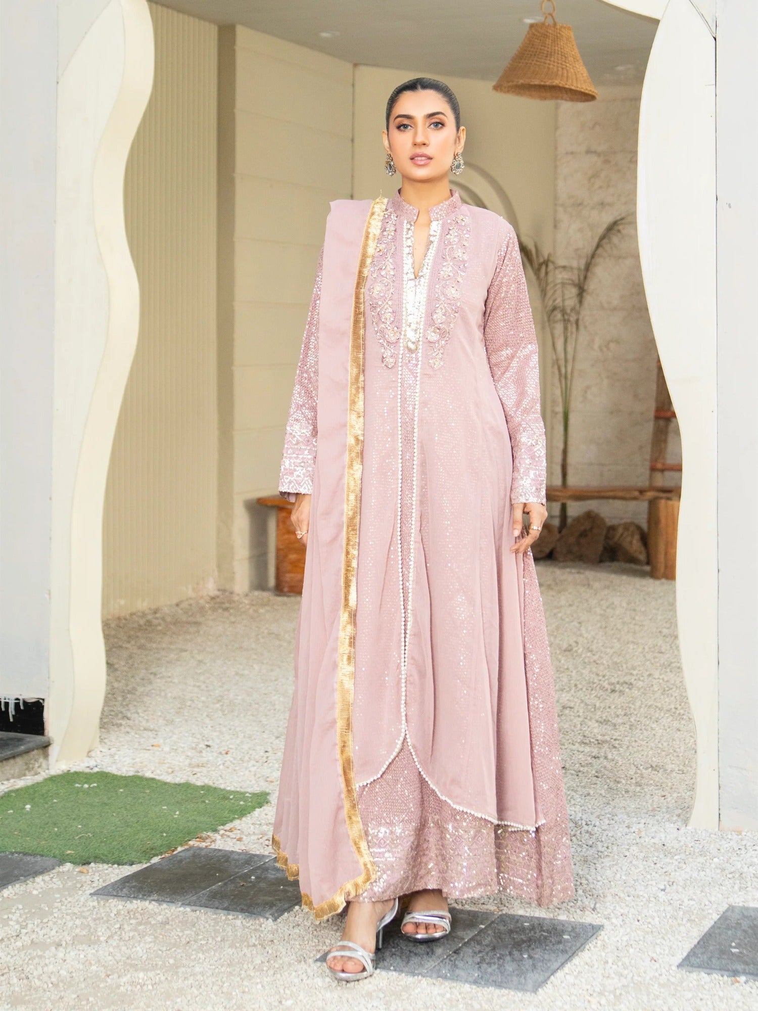 Lilac Manahil Arts Chiffon Embellished Stitched 3-Piece Suit-K-147-Lilac