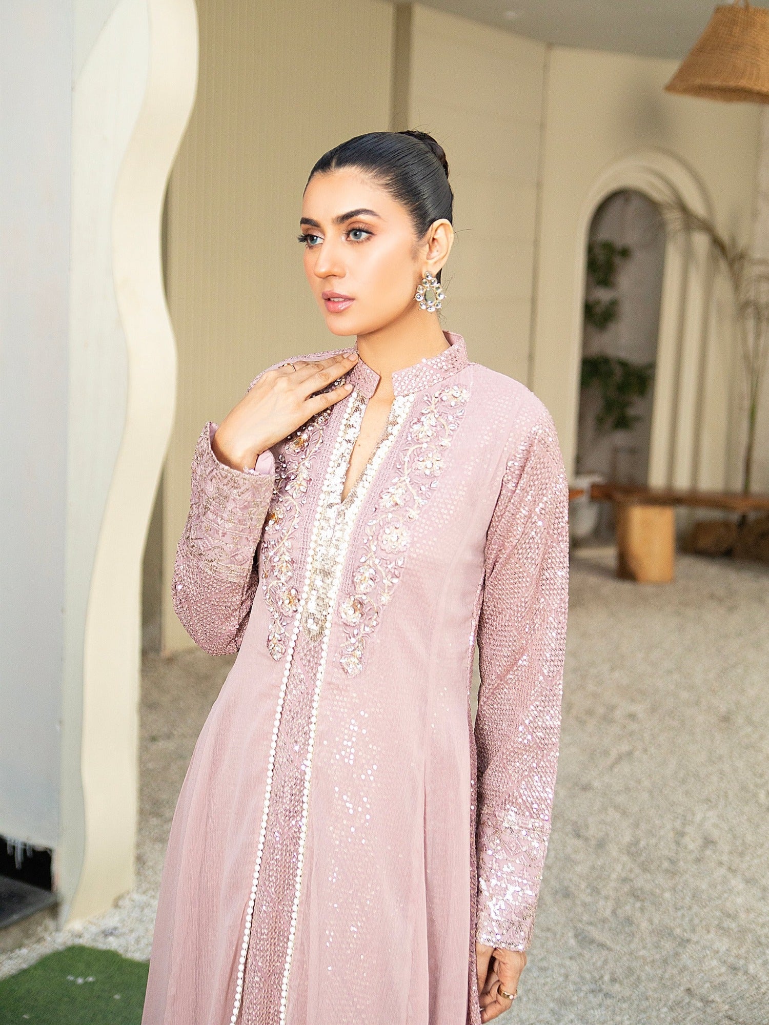 Lilac Manahil Arts Chiffon Embellished Stitched 3-Piece Suit-K-147-Lilac