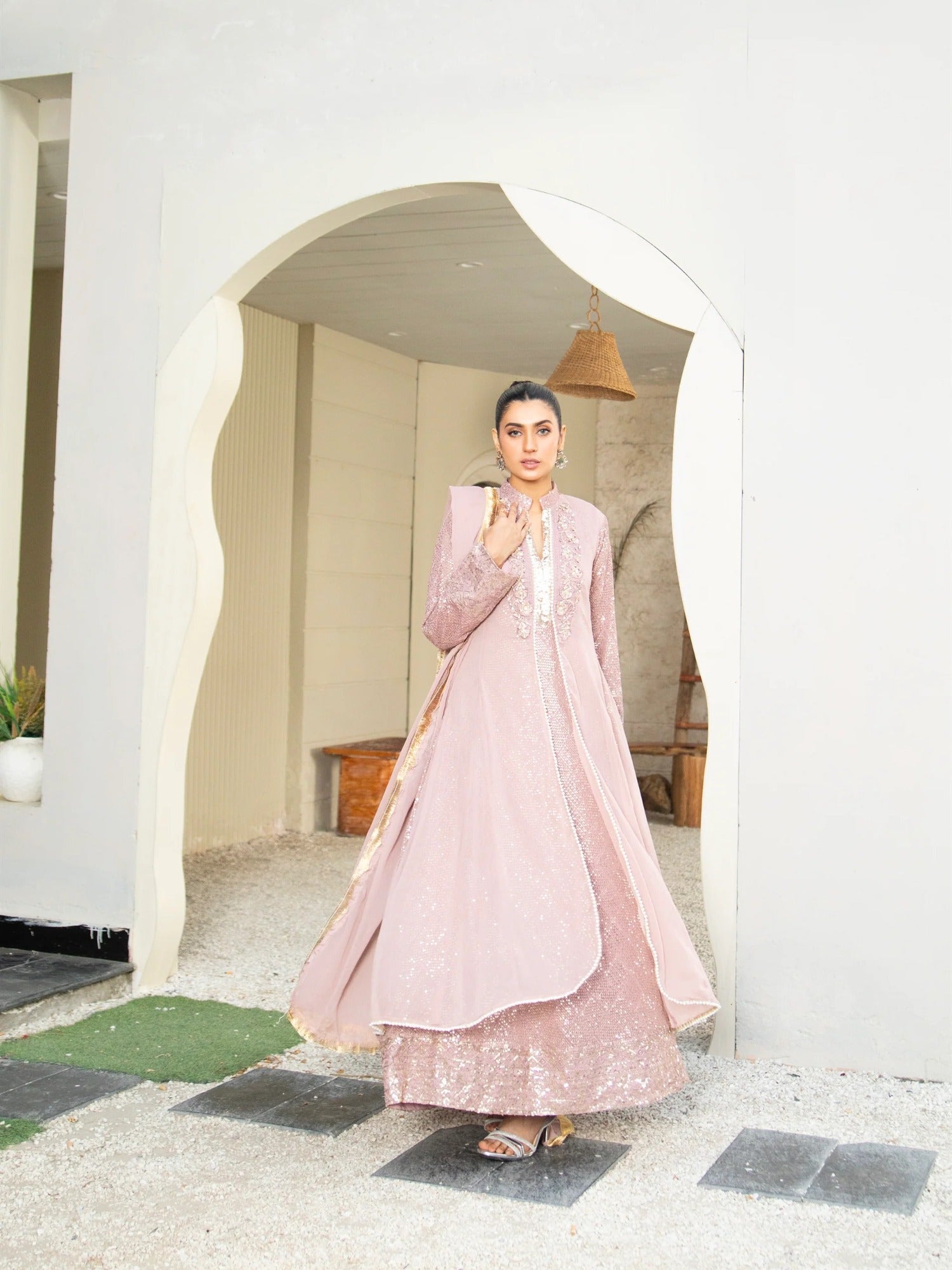 Lilac Manahil Arts Chiffon Embellished Stitched 3-Piece Suit-K-147-Lilac
