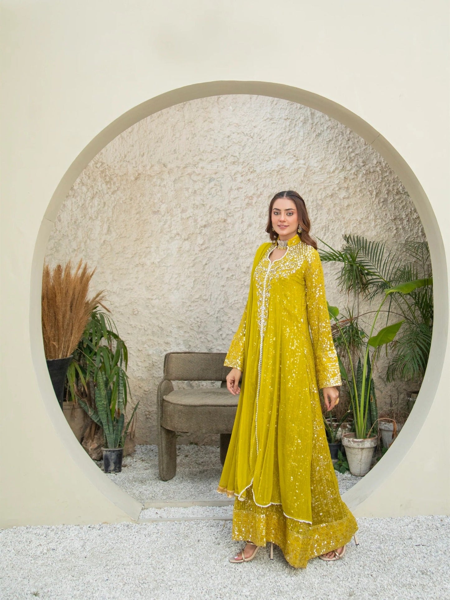 Manahil Arts Chiffon Embellished Stitched 3-Piece Suit-SW 04-Mustard