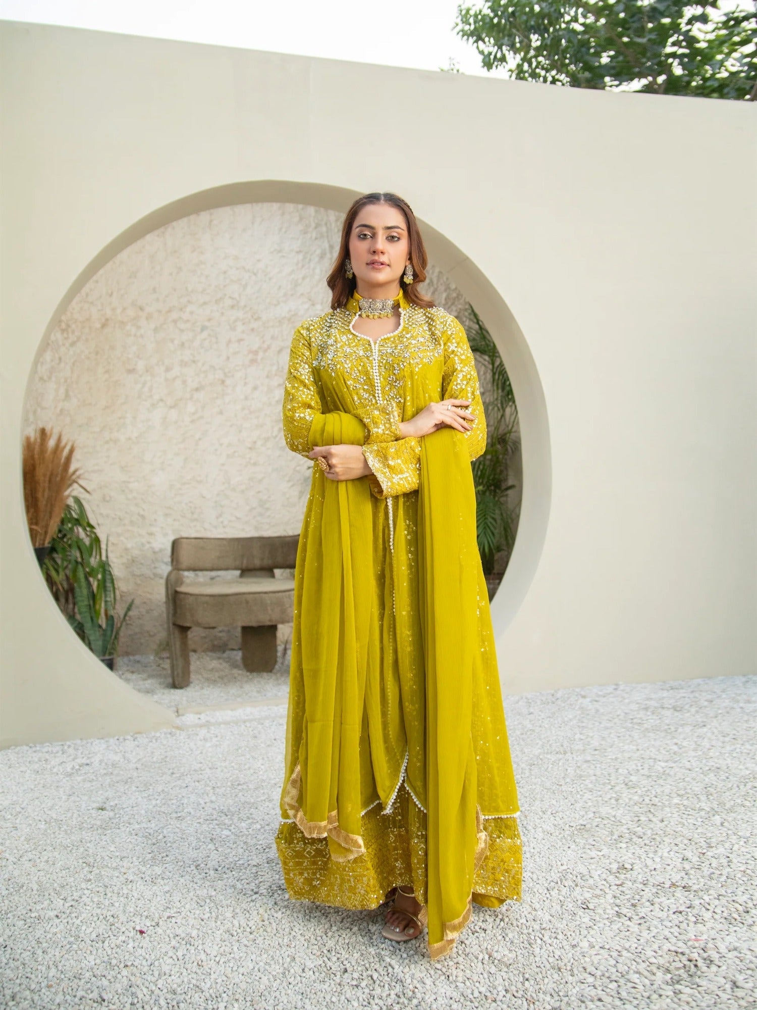 Manahil Arts Chiffon Embellished Stitched 3-Piece Suit-SW 04-Mustard