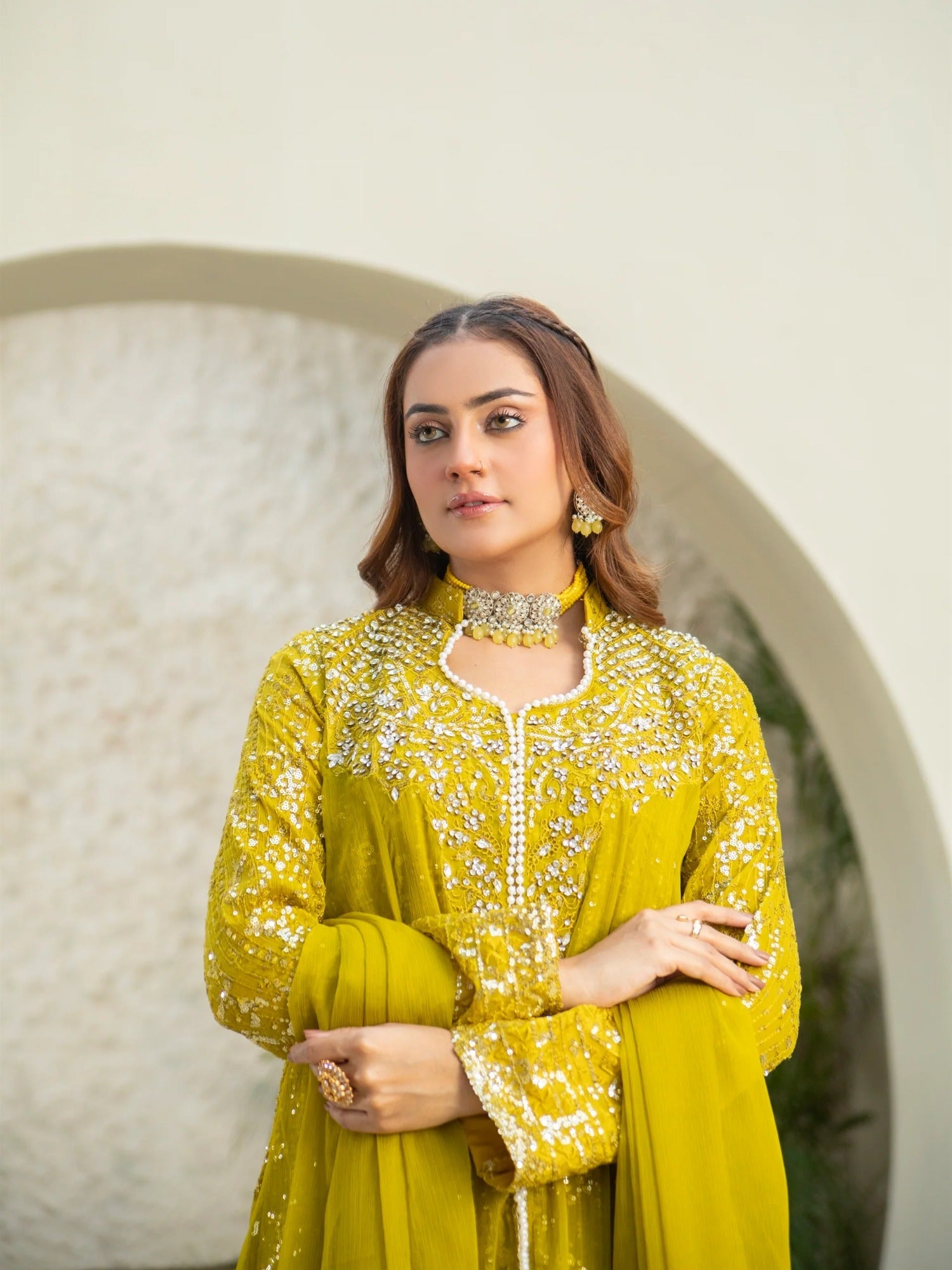 Manahil Arts Chiffon Embellished Stitched 3-Piece Suit-SW 04-Mustard