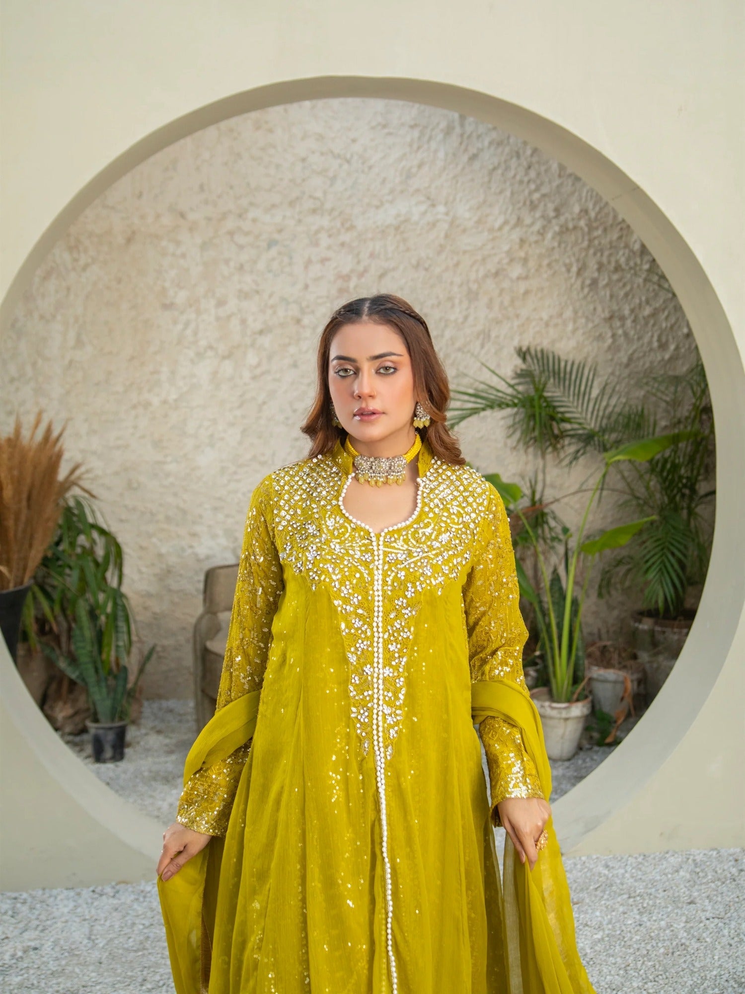 Manahil Arts Chiffon Embellished Stitched 3-Piece Suit-SW 04-Mustard