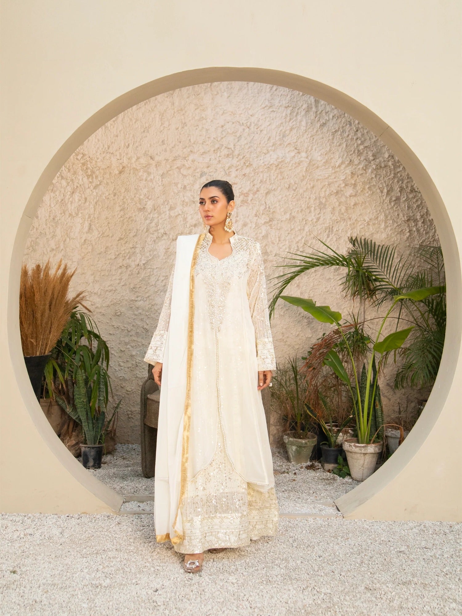 Manahil Arts Chiffon Embellished Stitched 3-Piece Suit-SW 04-Off White