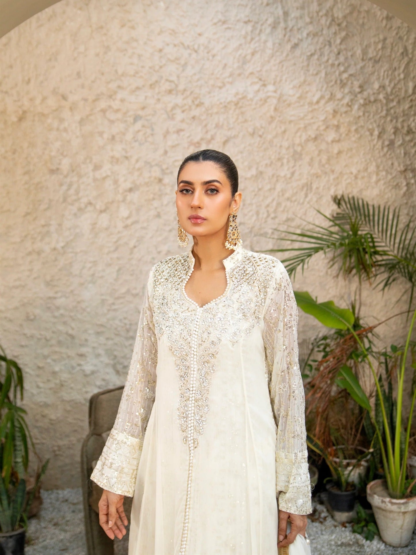 Manahil Arts Chiffon Embellished Stitched 3-Piece Suit-SW 04-Off White