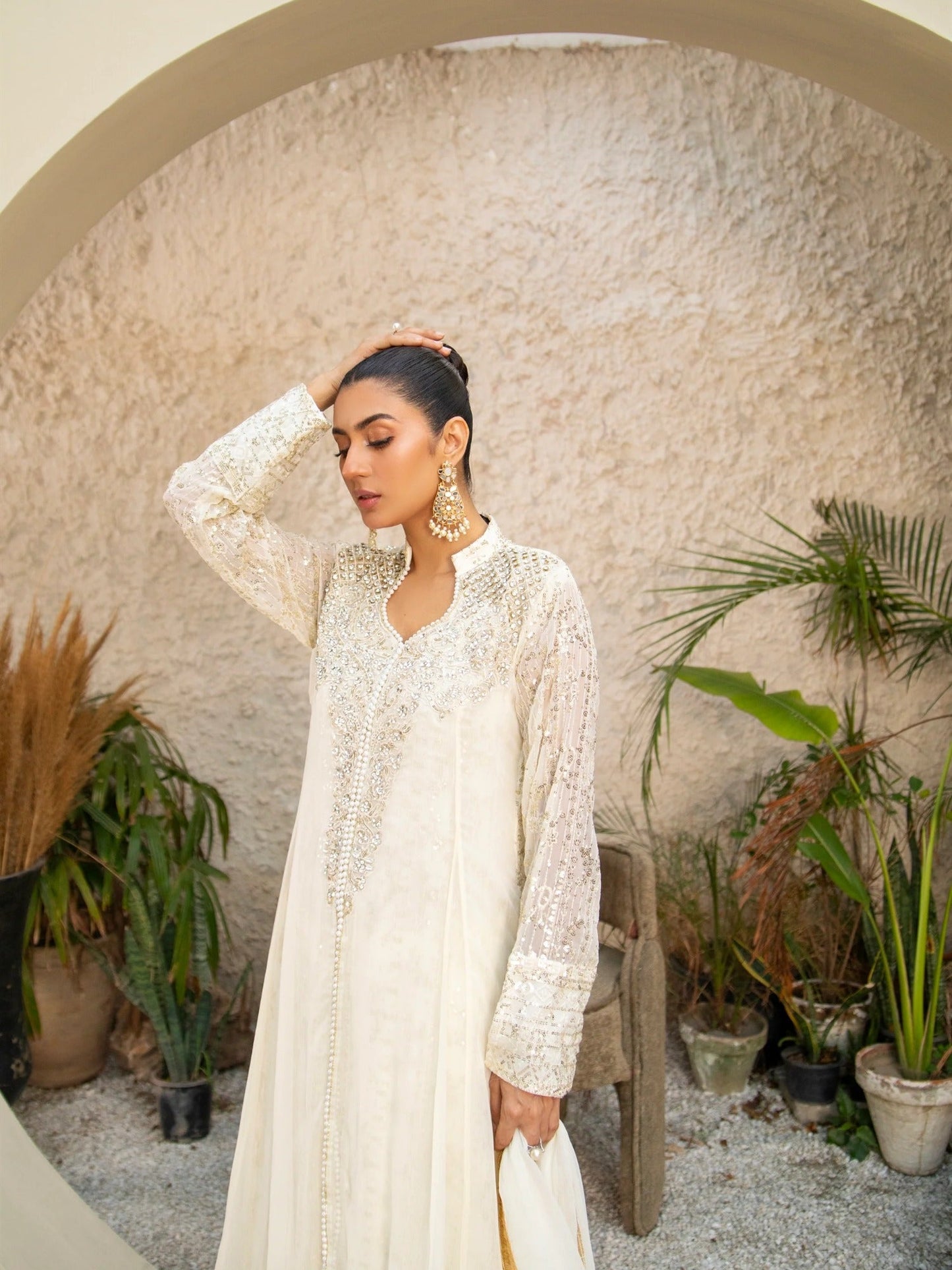 Manahil Arts Chiffon Embellished Stitched 3-Piece Suit-SW 04-Off White