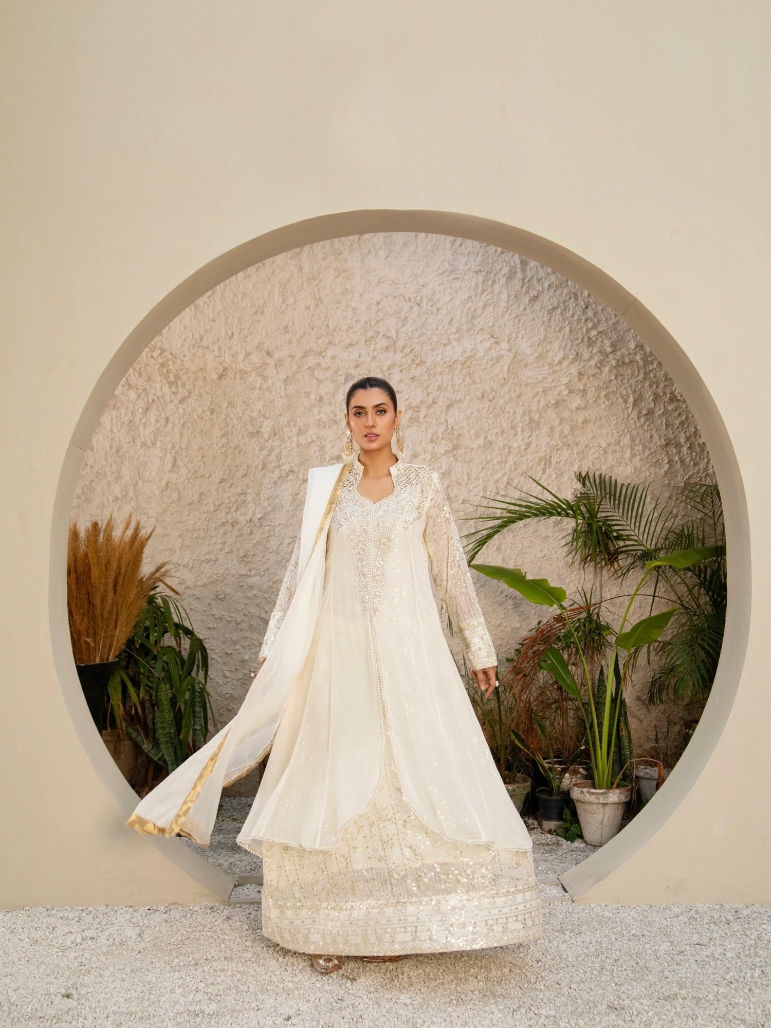 Manahil Arts Chiffon Embellished Stitched 3-Piece Suit-SW 04-Off White