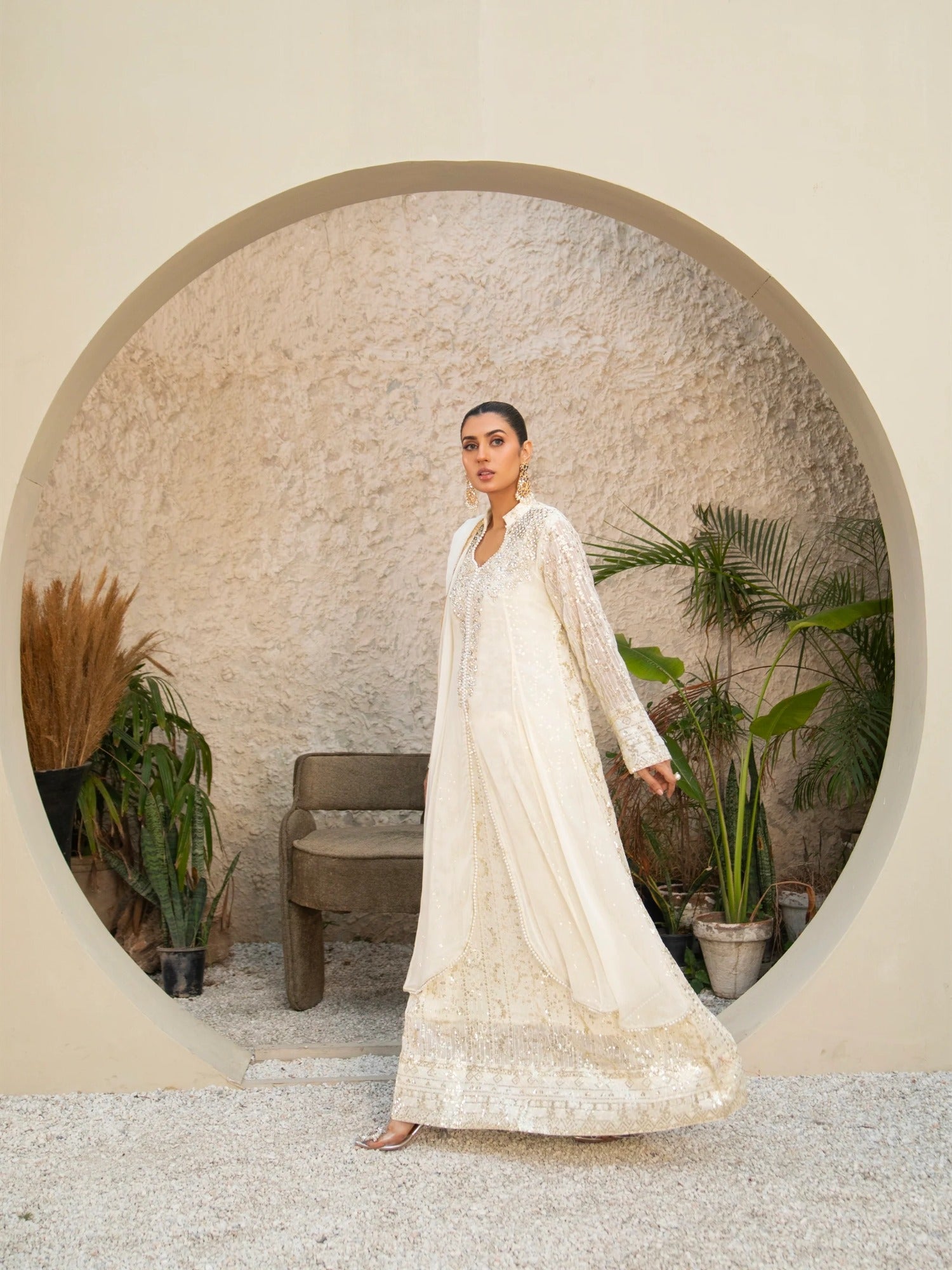 Manahil Arts Chiffon Embellished Stitched 3-Piece Suit-SW 04-Off White