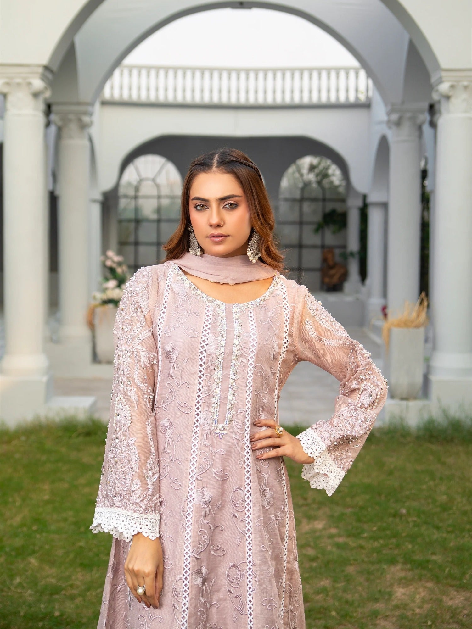 Lilac Manahil Arts Khaadi Net Embellished Stitched 3-Piece Suit-K-152-Lilac