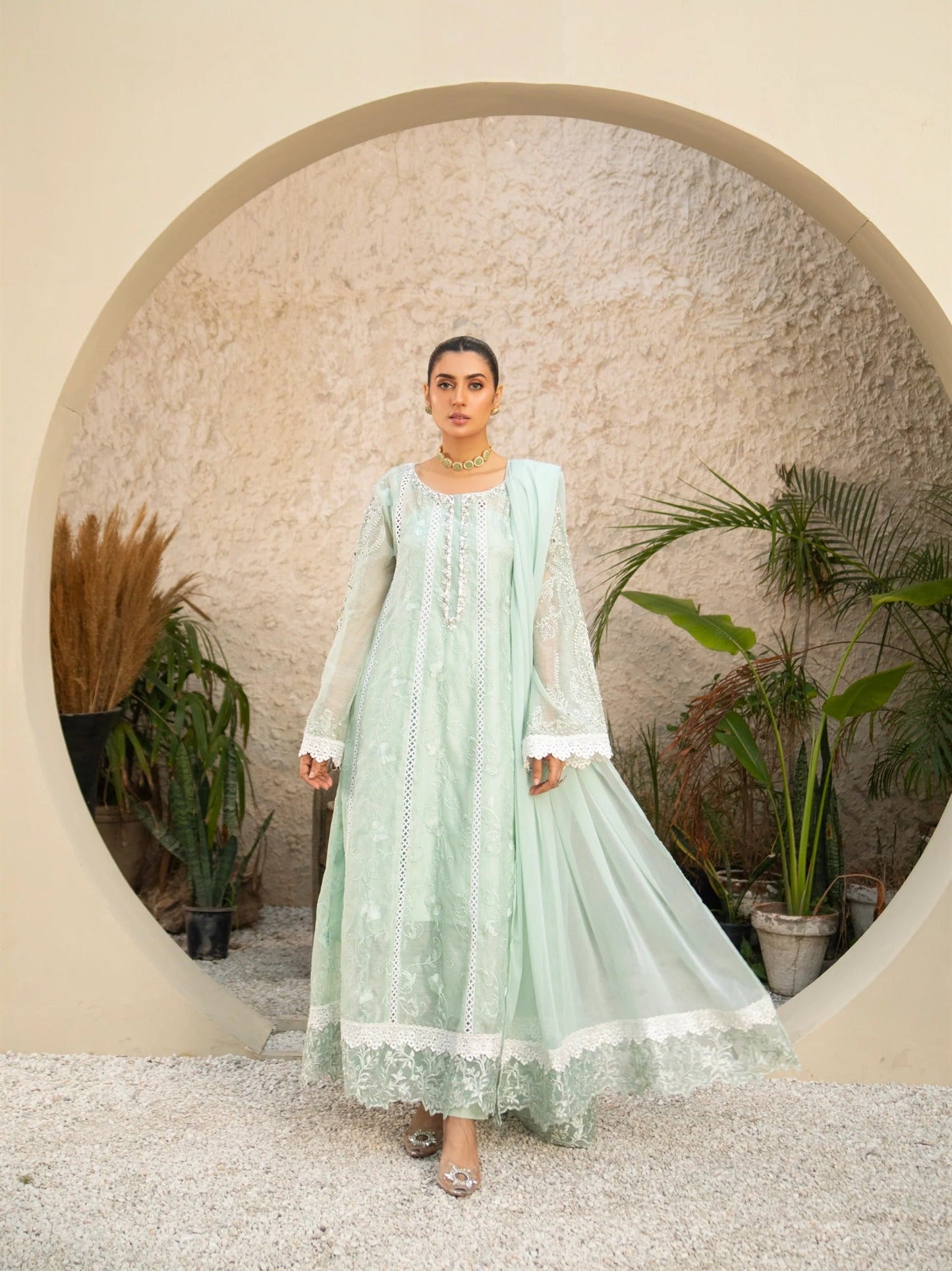 Manahil Arts Khaadi Net Embellished Stitched 3-Piece Suit-K-152-Aqua