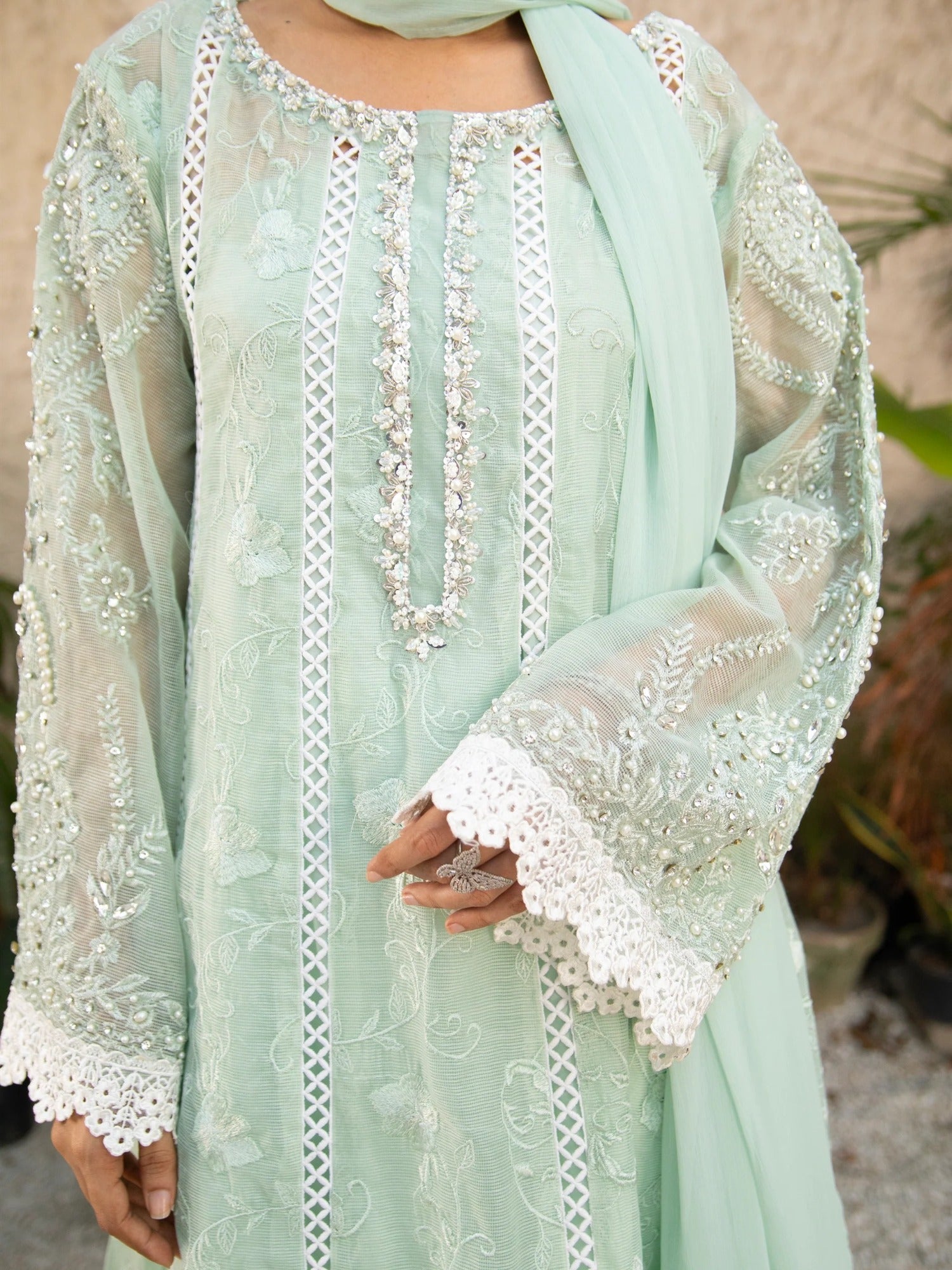 Manahil Arts Khaadi Net Embellished Stitched 3-Piece Suit-K-152-Aqua