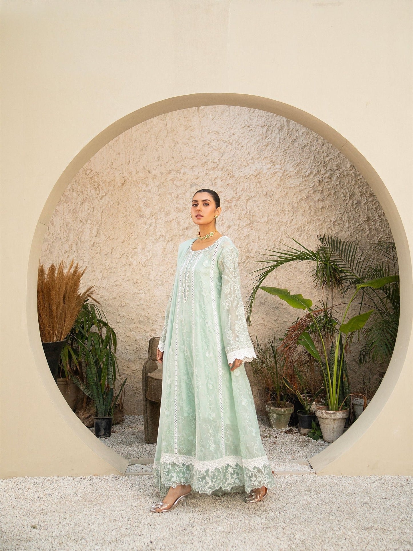 Manahil Arts Khaadi Net Embellished Stitched 3-Piece Suit-K-152-Aqua