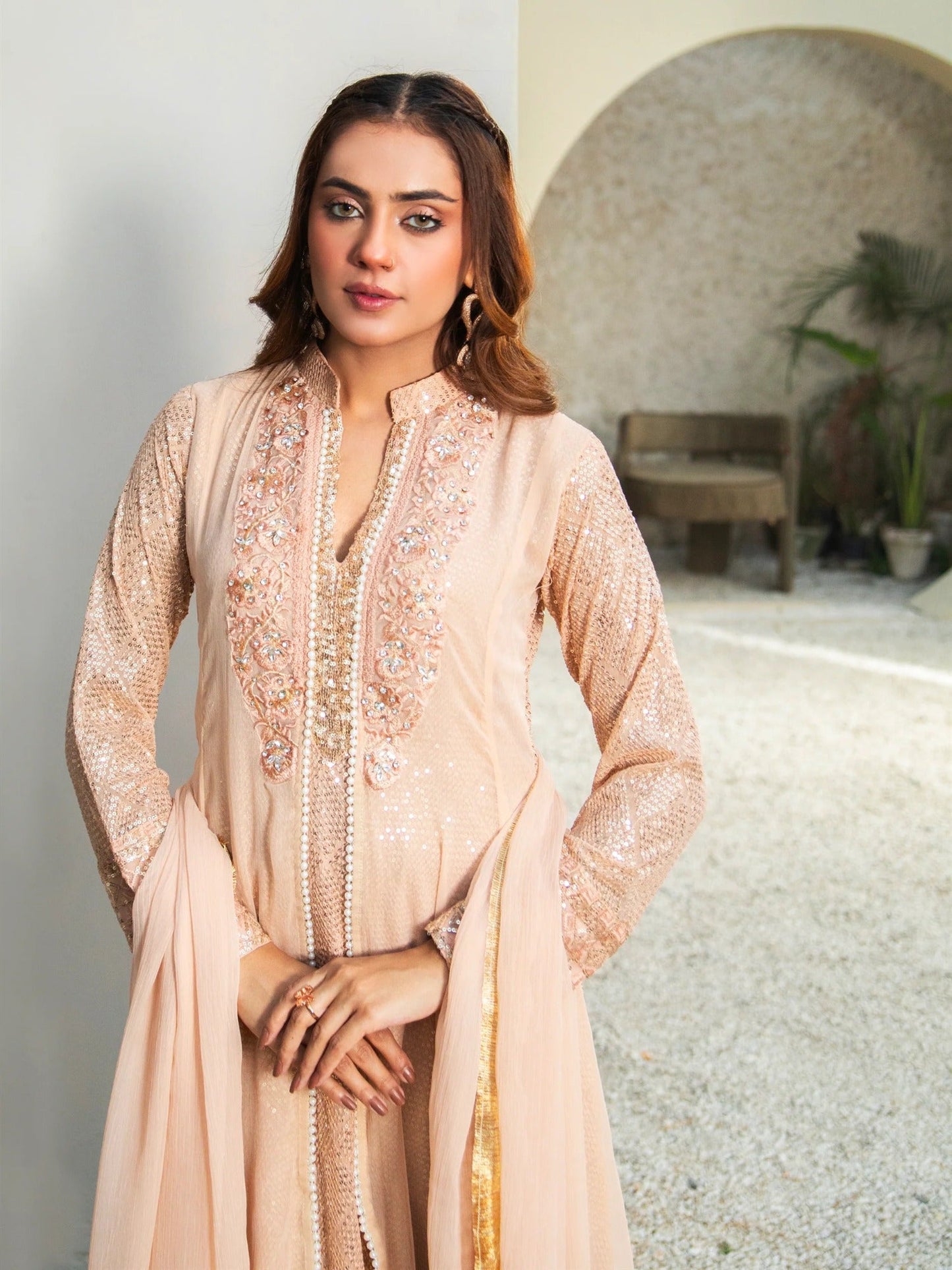 Peach Manahil Arts Chiffon Embellished Stitched 3-Piece Suit-K-147-Peach