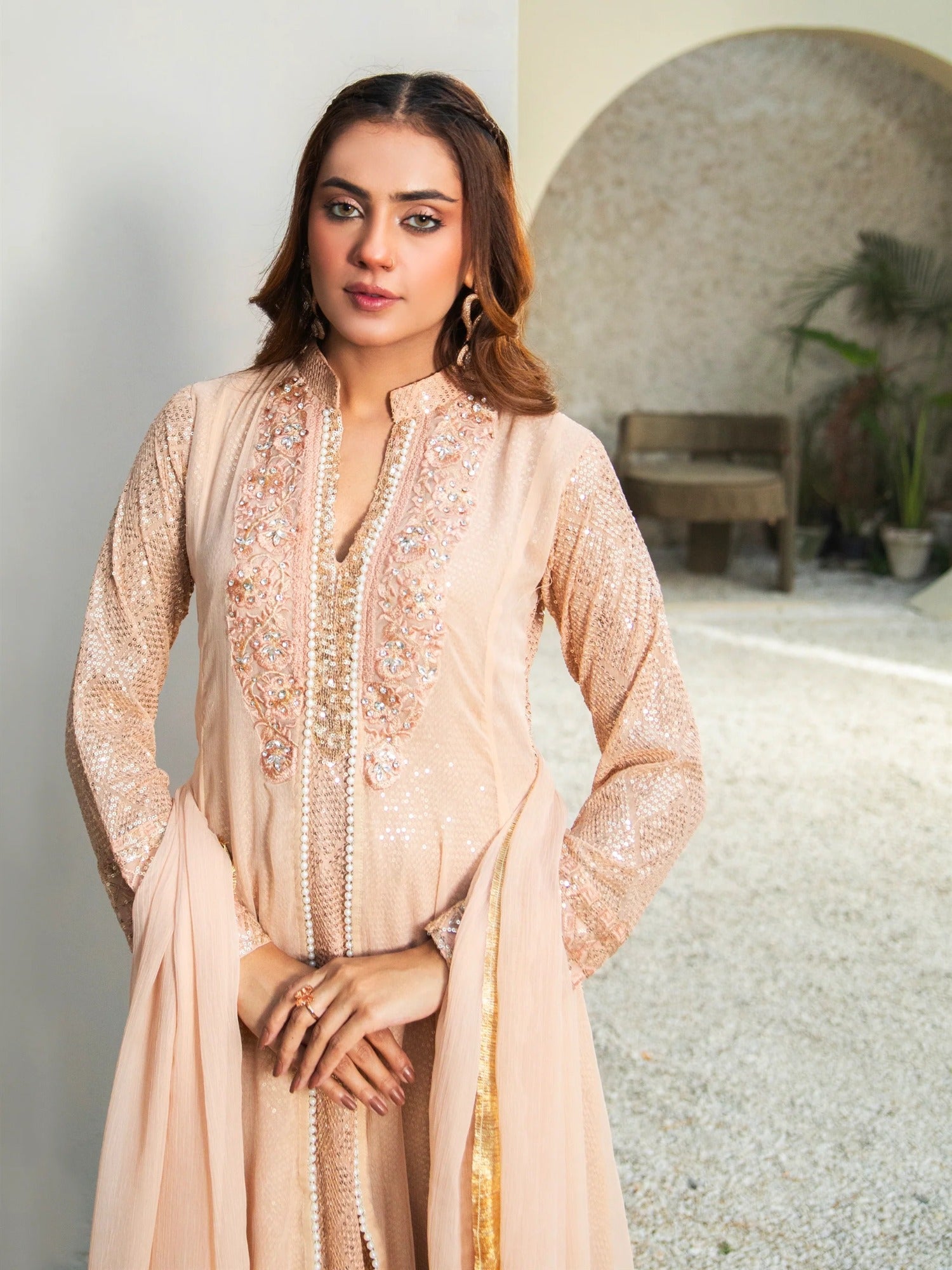 Peach Manahil Arts Chiffon Embellished Stitched 3-Piece Suit-K-147-Peach