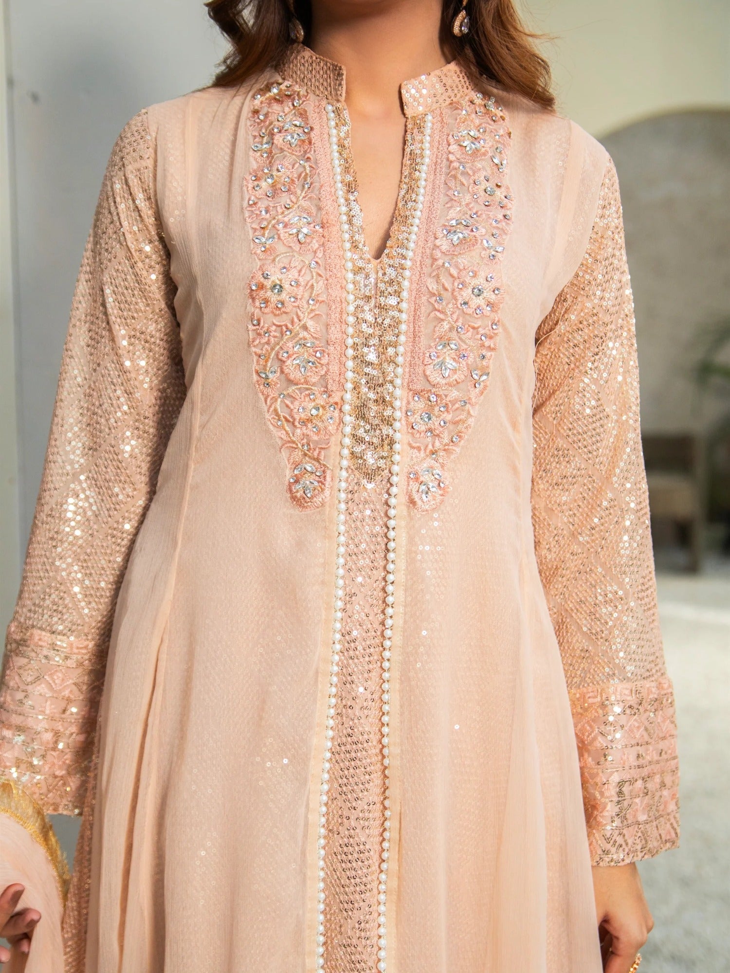 Peach Manahil Arts Chiffon Embellished Stitched 3-Piece Suit-K-147-Peach