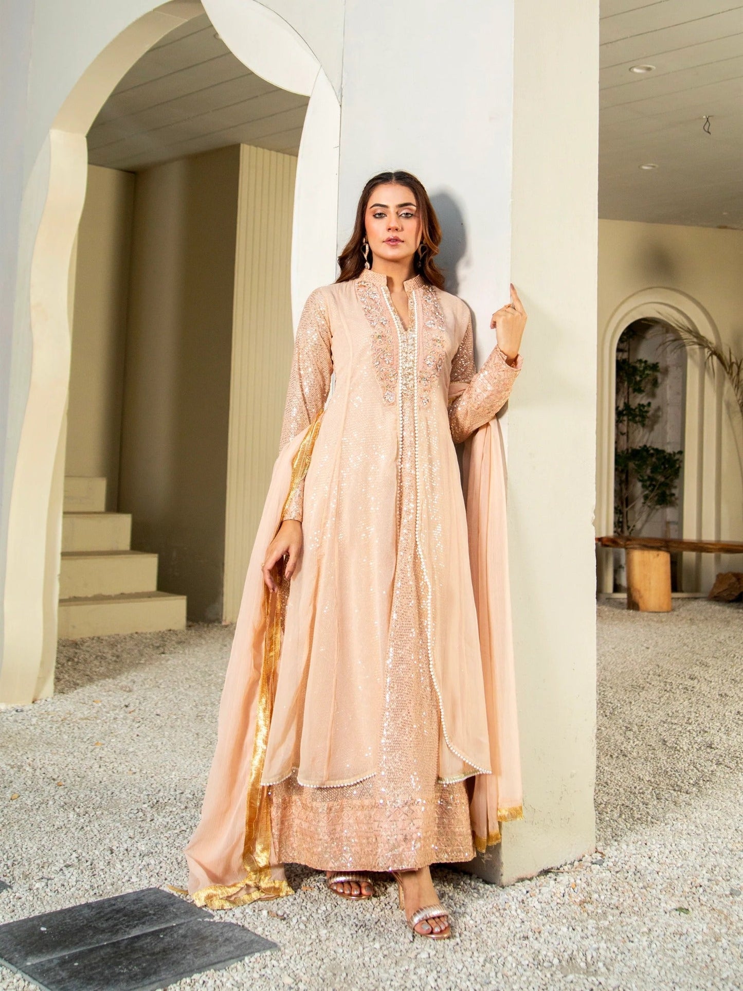Peach Manahil Arts Chiffon Embellished Stitched 3-Piece Suit-K-147-Peach