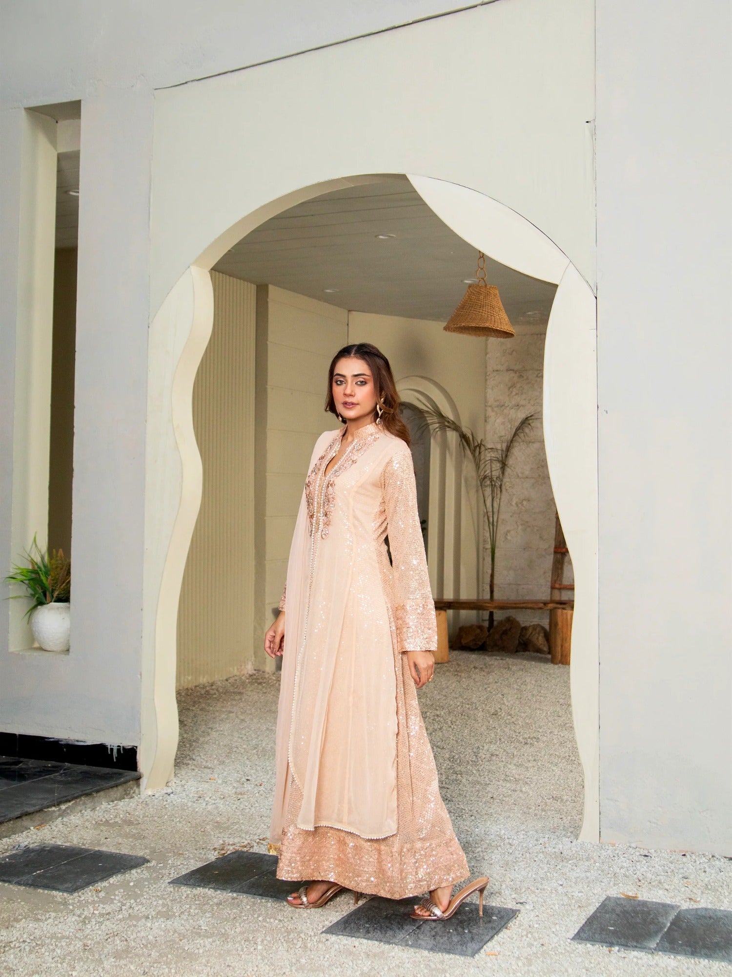 Peach Manahil Arts Chiffon Embellished Stitched 3-Piece Suit-K-147-Peach