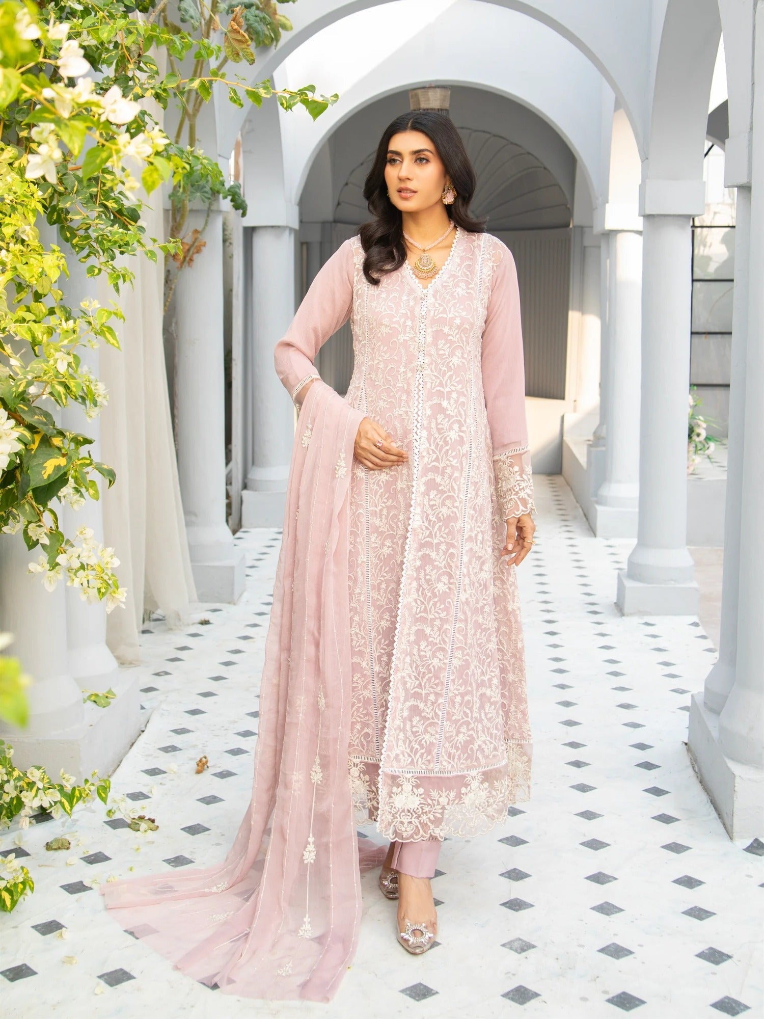 Lilac Manahil Arts Chiffon Embroidered Stitched 3-Piece Suit-K-113-Lilac