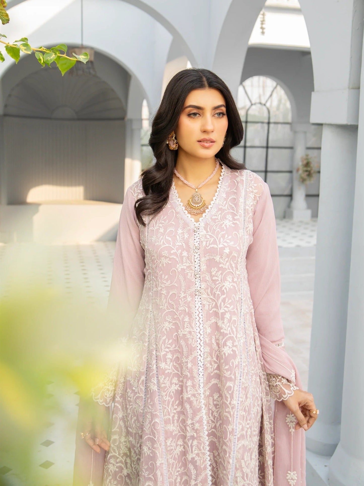 Lilac Manahil Arts Chiffon Embroidered Stitched 3-Piece Suit-K-113-Lilac