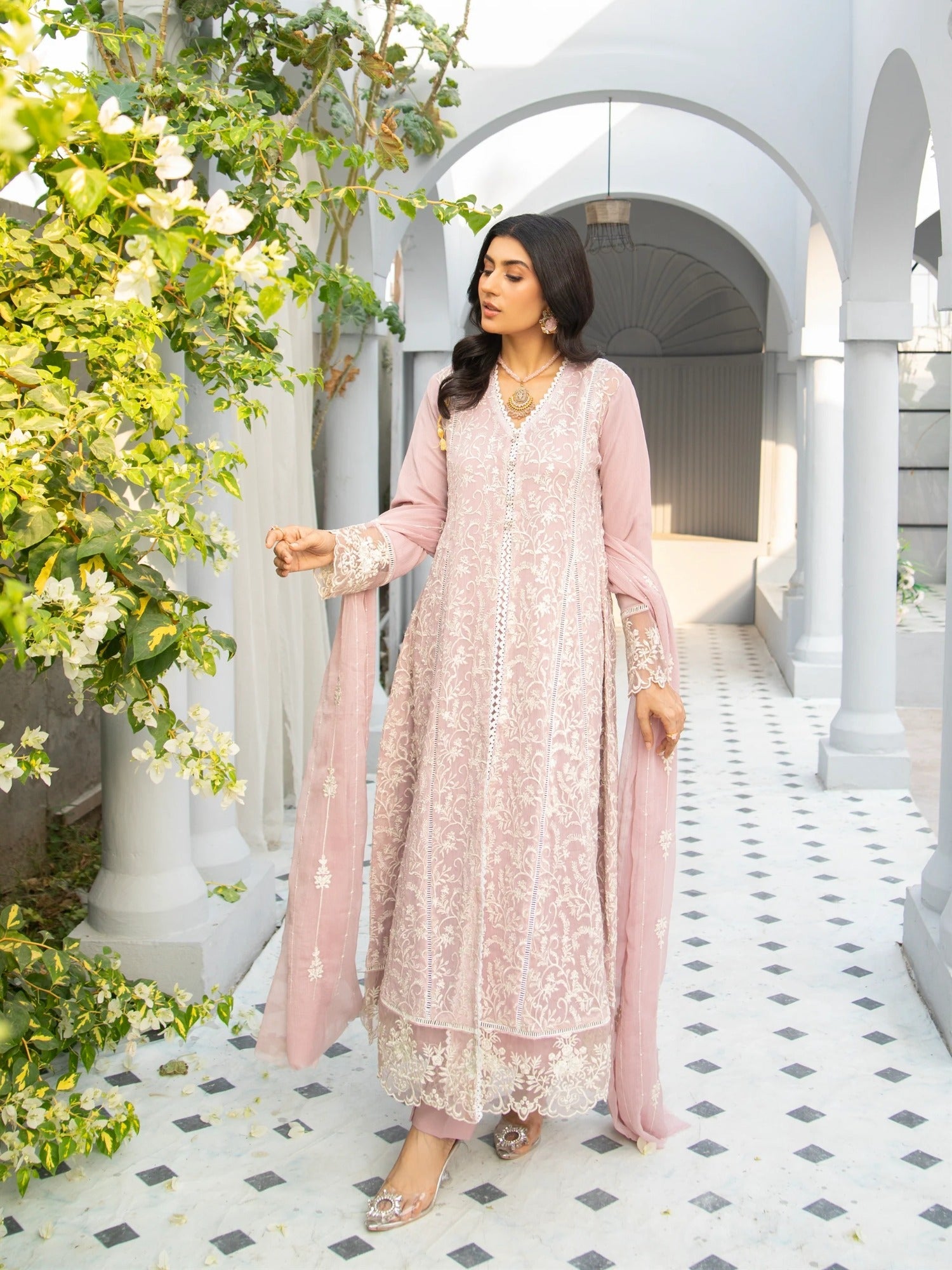 Lilac Manahil Arts Chiffon Embroidered Stitched 3-Piece Suit-K-113-Lilac