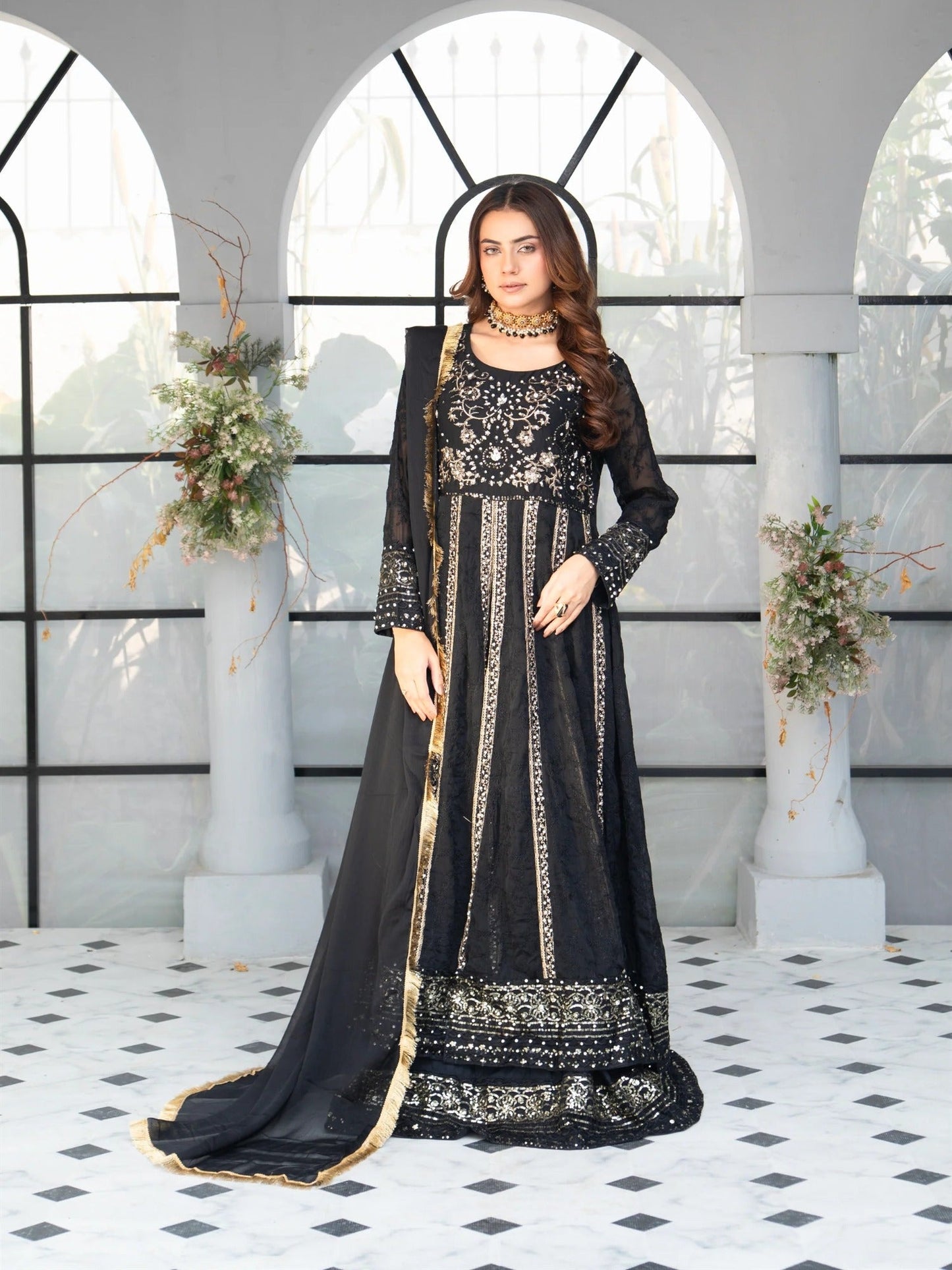 Black Manahil Arts Chiffon Embroidered Stitched 3-Piece Suit-B-007-Black