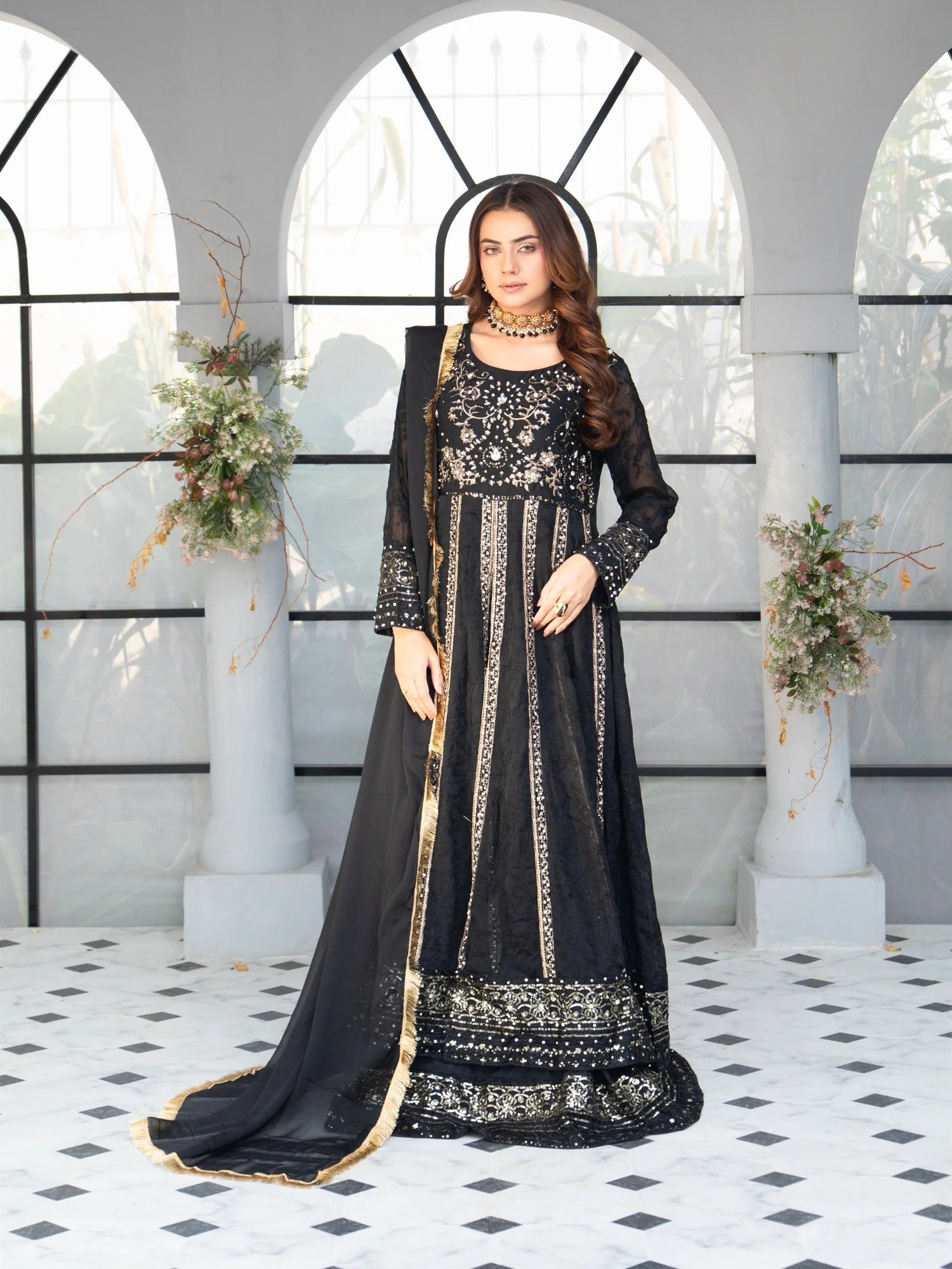 Black Manahil Arts Chiffon Embroidered Stitched 3-Piece Suit-B-007-Black